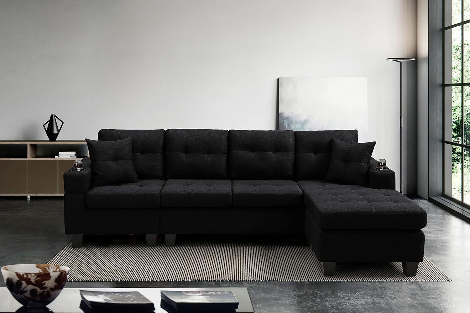 (incomplete)BIADNBZ Sectional Sofa with Chaise Lounge and Cupholders, Modern L-Shaped Couch Set with 2 Pillows for Living Room Apartment Office, Black