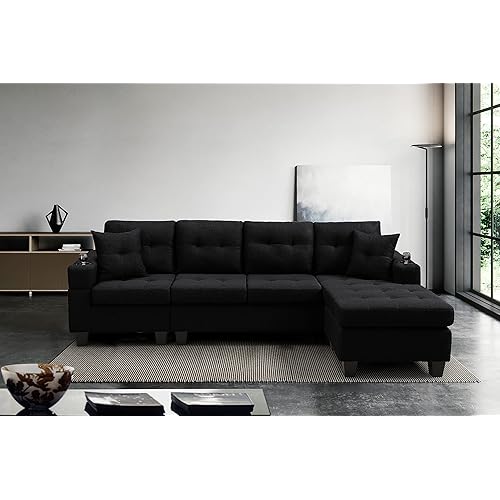 L Shaped Upholstered Sectional Sofa, Modern Fabric Couch with Reversible Chaise and 2 Cupholders, Living Room Furniture Fashion Design, Black