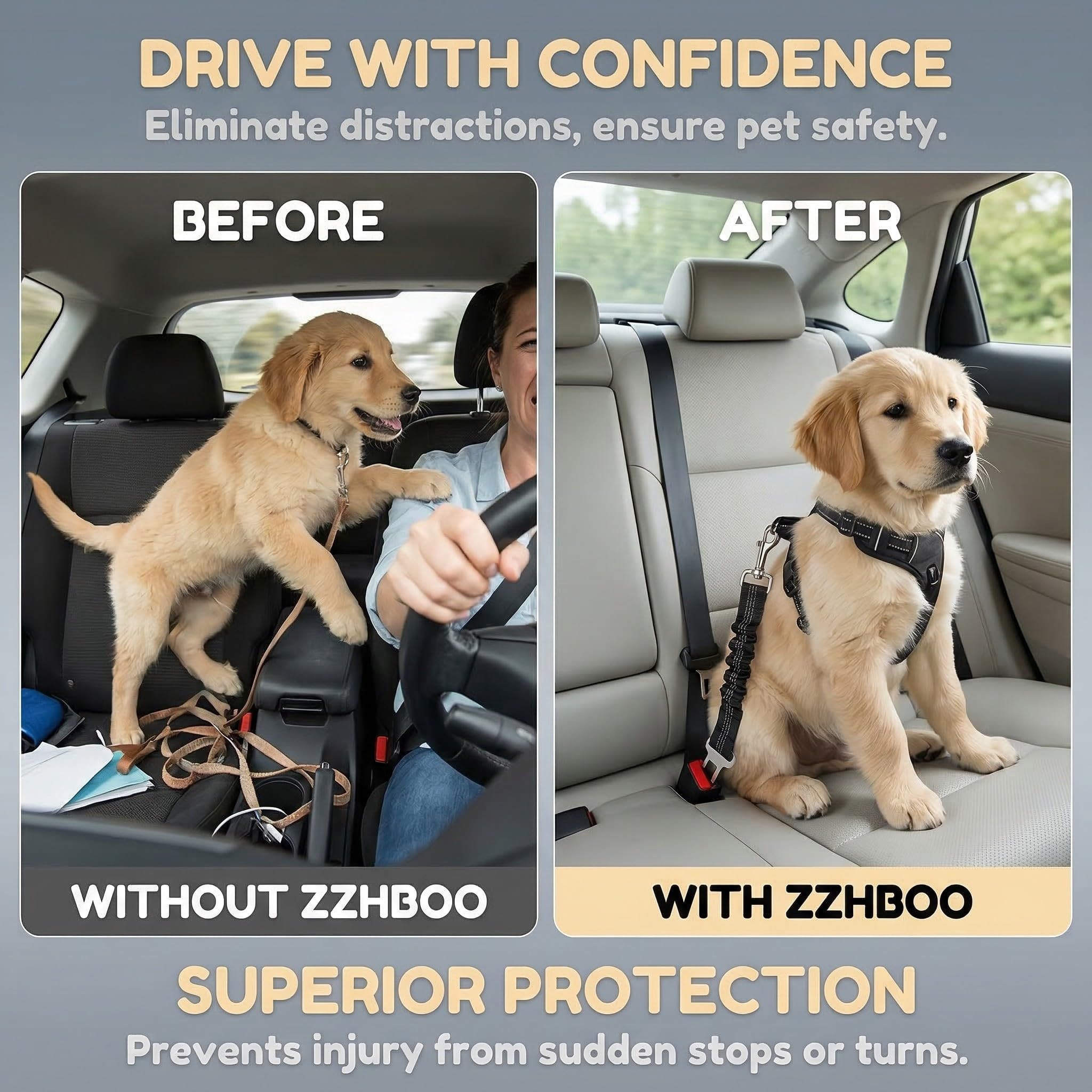Cintura di Sicurezza per Cani in Auto, Cintura Regolabile Elastica Antishock con Moschettone Robusto, per Cani e Gatti, Nero