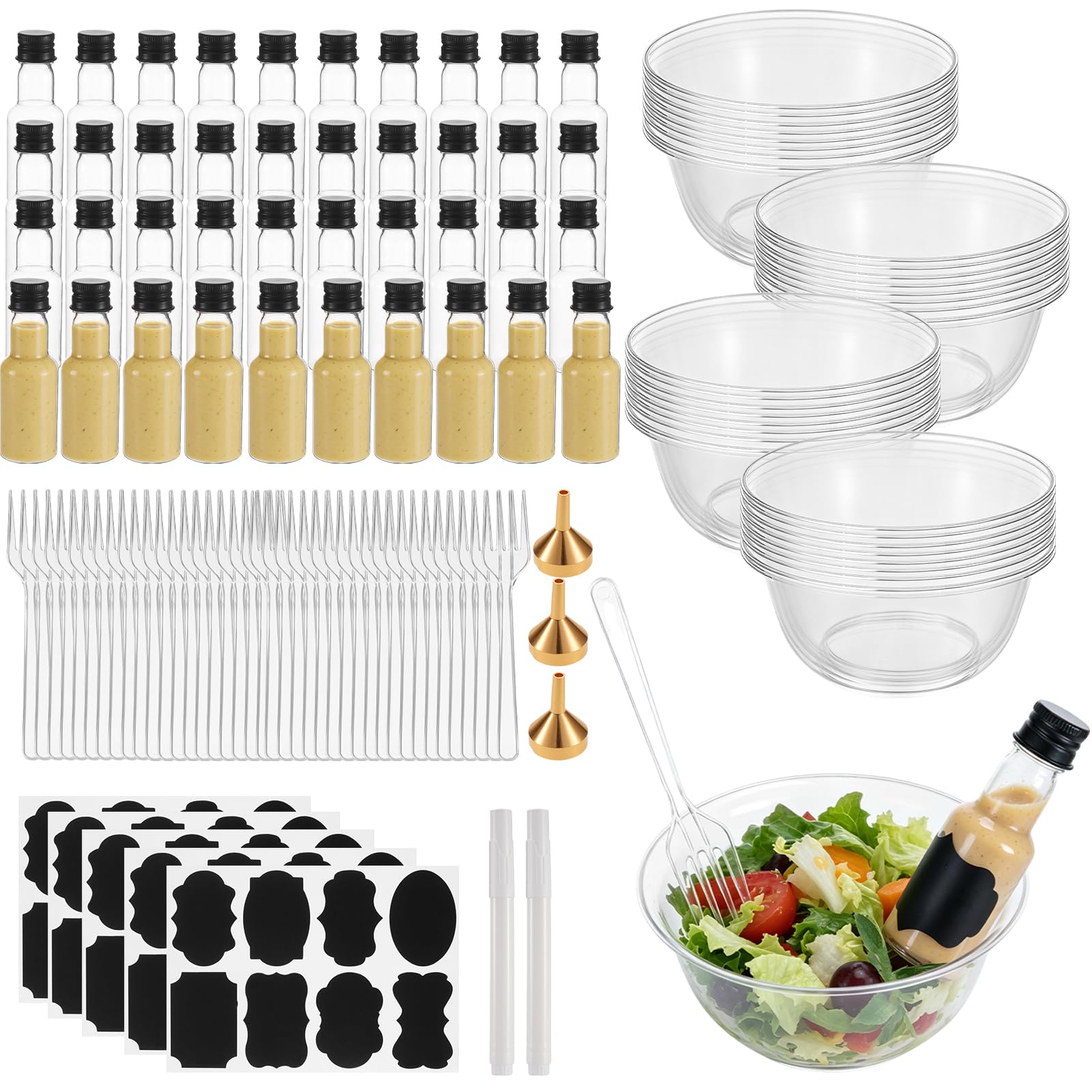 40 Set Salad Appetizer Bowls Charcuterie Cups with Mini Dressing Alcohol Bottle Square Plastic Serving Bowls Forks Funnels Labels for Dinner Wedding Birthday Summer Party Appetizers Food, Round