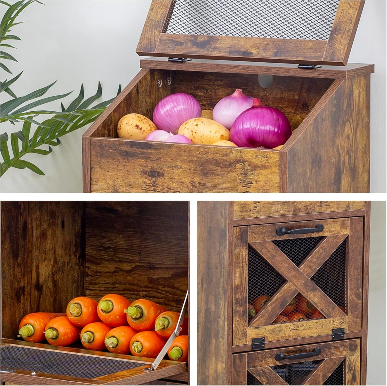 Potato Storage Bin Wooden Bread Box, Mid Century Modern Vegetable Storage Box with Lid, Farmhouse Potato and Onion Storage Cabinet for Kitchen,Brown