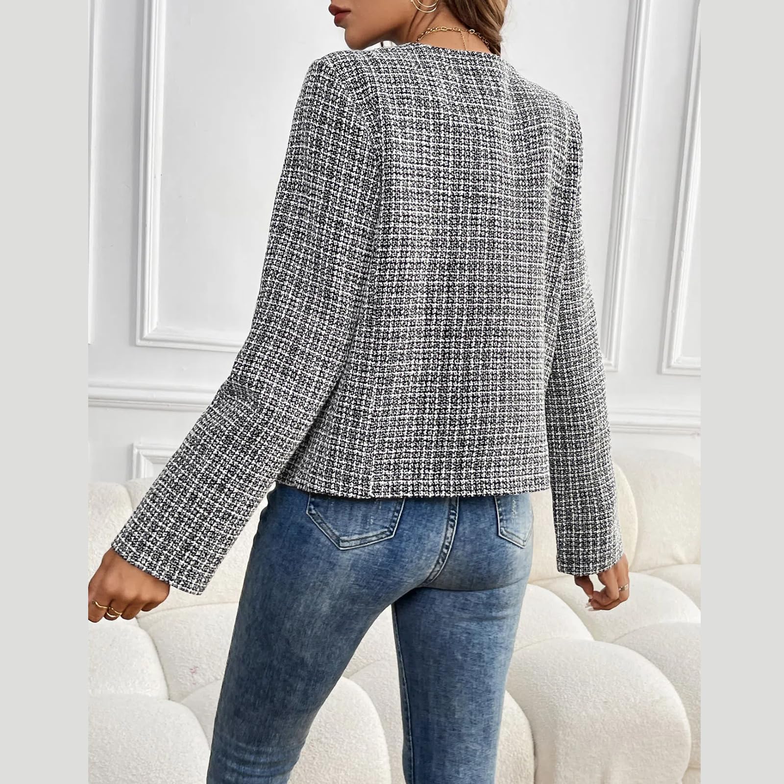 Veste blazer en tweed pour femme – Manches longues, grand col rond, manteau business décontracté, chic et confortable pour toutes les occasions