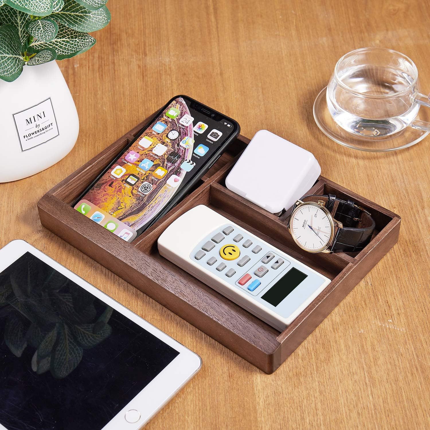 Black Walnut Multi-Functional Distressed Vintage Wooden Storage Box, Desk Organizer Tray,5 Division,Jewelry Storage