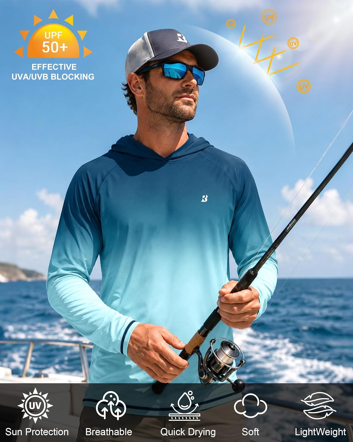 Roadbox UPF 50+ Fishing Shirts for Men, Long Sleeve UV Sun Protection Hoodie, Outdoor Hiking Running Swimming Rash Guard thumbnail