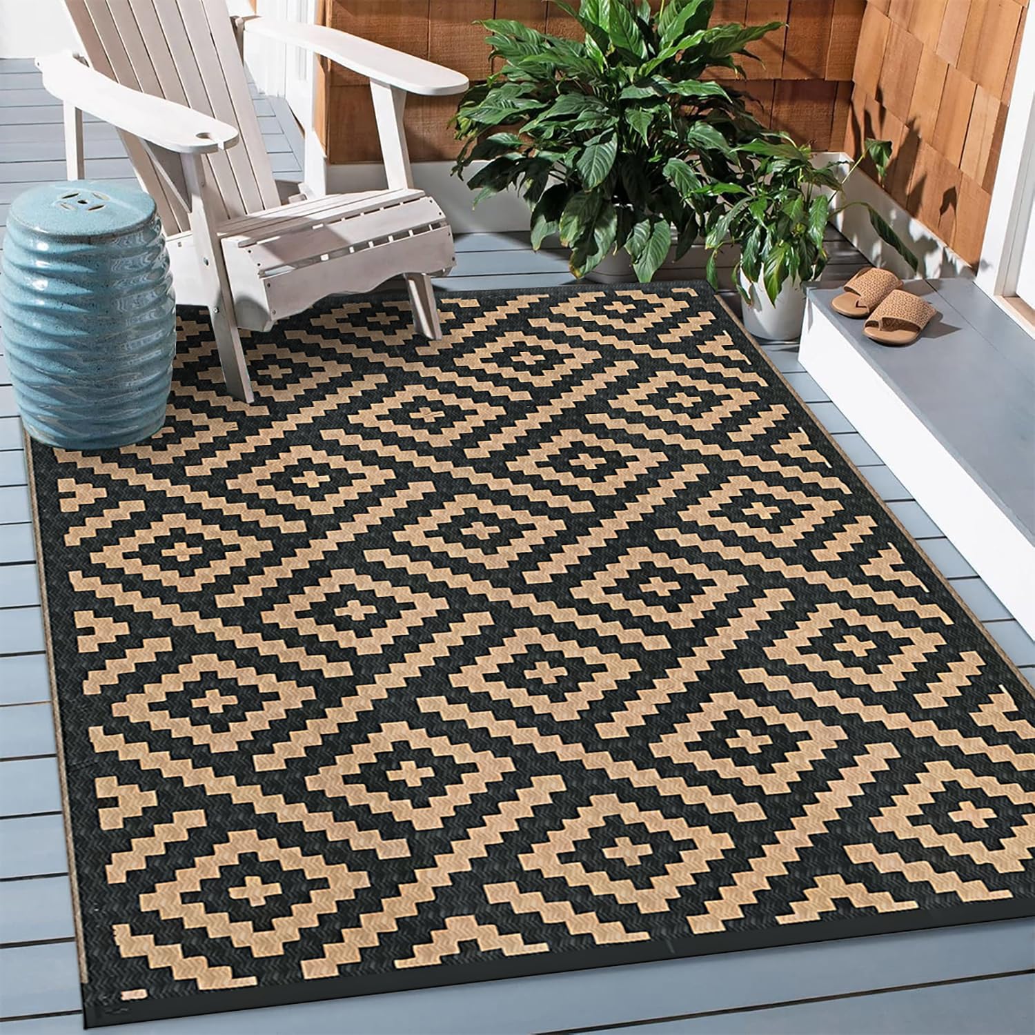 Dwustronna Mata na Zewnątrz 150x240 BrąZowo-Czarny Dywanik na Taras, Składane Dywaniki Kempingowe, Odwrócony Wodoodporny Dywanik z Plastikowej Słomy na Patio, Ogród, Balkon, Podwórz