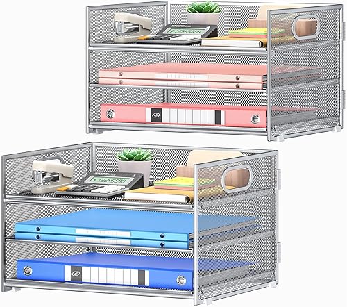 Miniatura 19 de Subekyu Organizador de escritorio de papel de 3 niveles con asa y 1 bandeja deslizable para cartas, clasificador de carpetas de archivos de papel