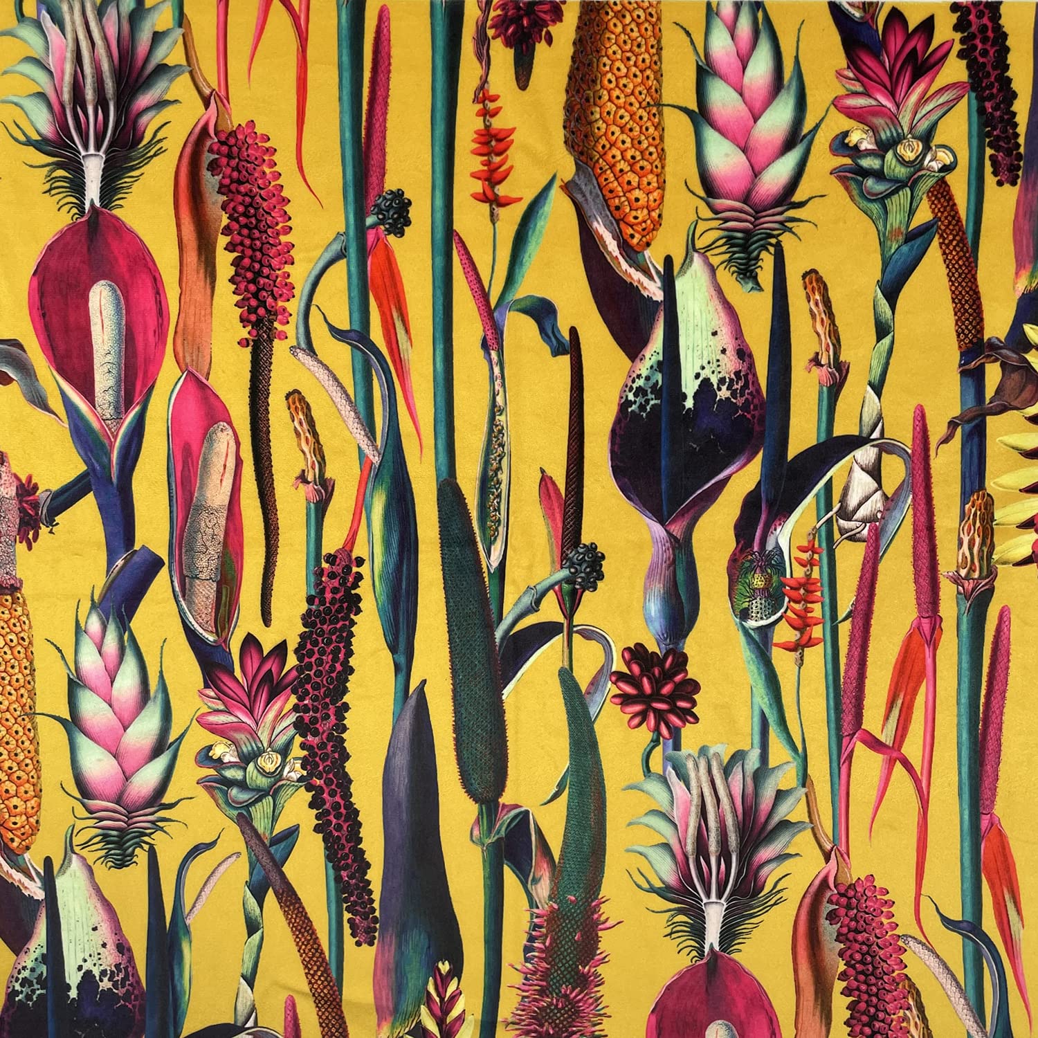 Glamour Secrets Ochre Heavy Weight Super Soft Plush Velvet Upholstery Fabric 'Botanical ' Digital Floral Print - Per Metre - 150 Cm Wide
