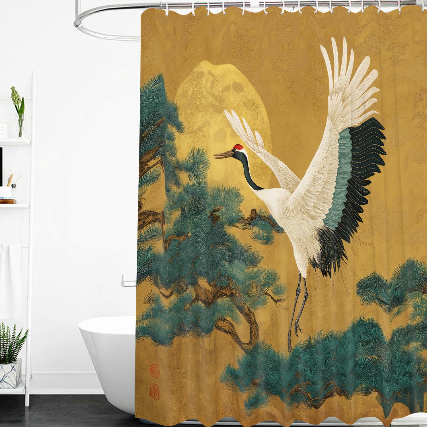 Duschvorhang 200x200 mit Japanischem Weißen Kranich, Blauen Kiefern und Mond, Badezimmervorhang, Braun, Wasserdichtes Polyestergewebe für Nassraum Badezimmerdekor mit Haken, B200 x H200 cm (1Er Pac