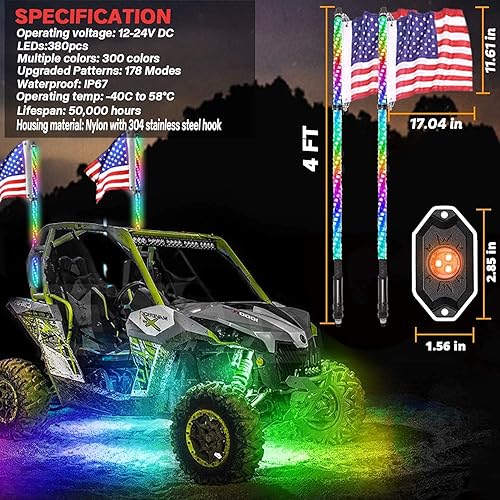 Miniatura 10 de OHMU Juego de 2 látigos LED de 3 pies y luces de rocas de 3 generación con Bluetooth y control remoto, mayor brillo mejorado, espiral RGB de 360,