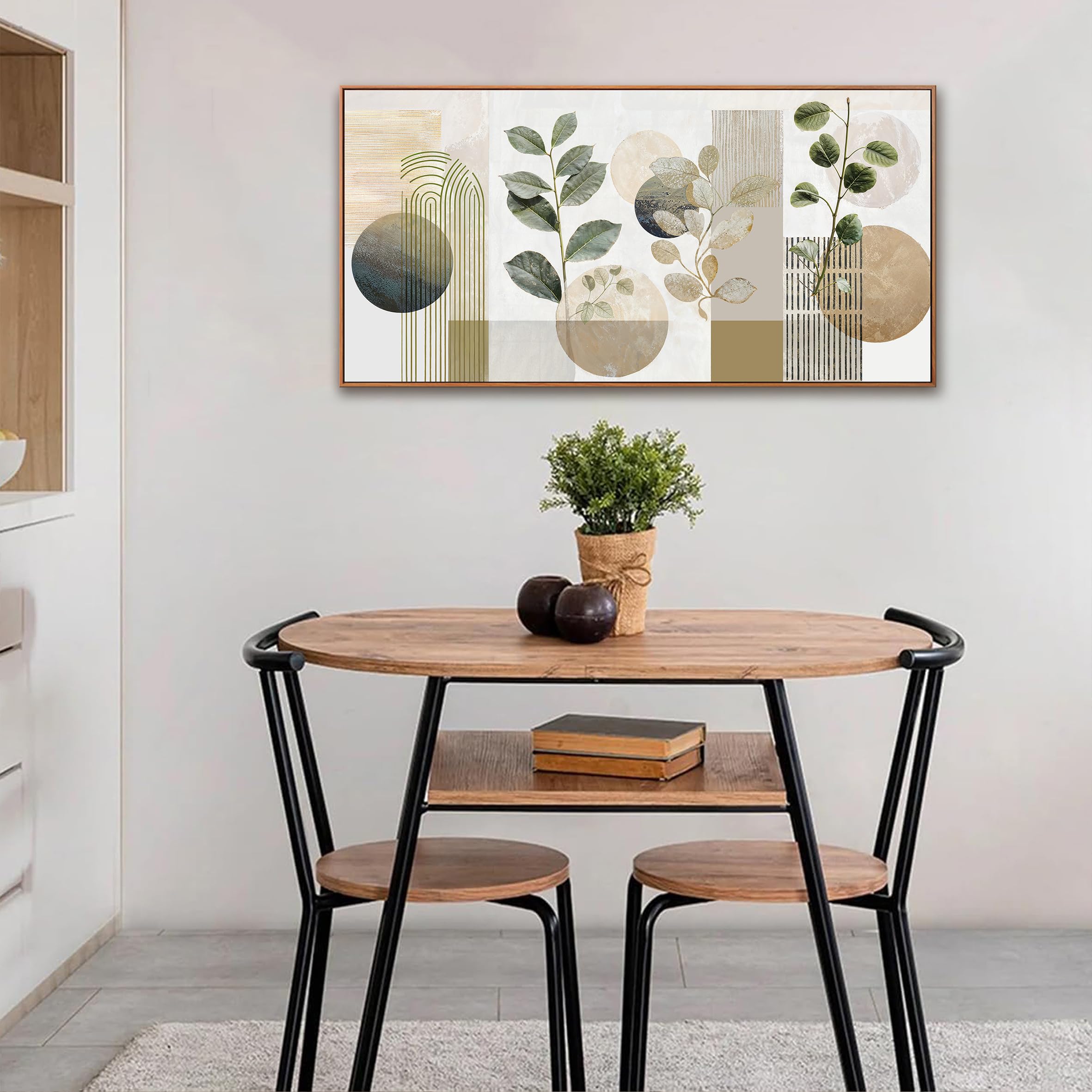 Boho Wall Art Minimalist Canvas Wall Art Decor Geometric Line Leaf Beige Green Wall Art Canvas Artwork Print Paintings Abstract Art Botanical Boho Room Office Home Wall Decor 20" X 40" With Framed