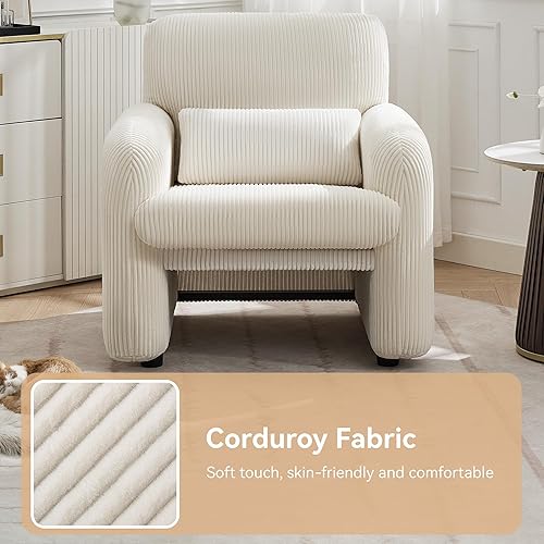 Miniatura 3 de Silla decorativa de tela de pana, sillas tapizadas modernas para sala de estar con almohada lumbar, sillón ancho y cómodo para dormitorio, oficina,