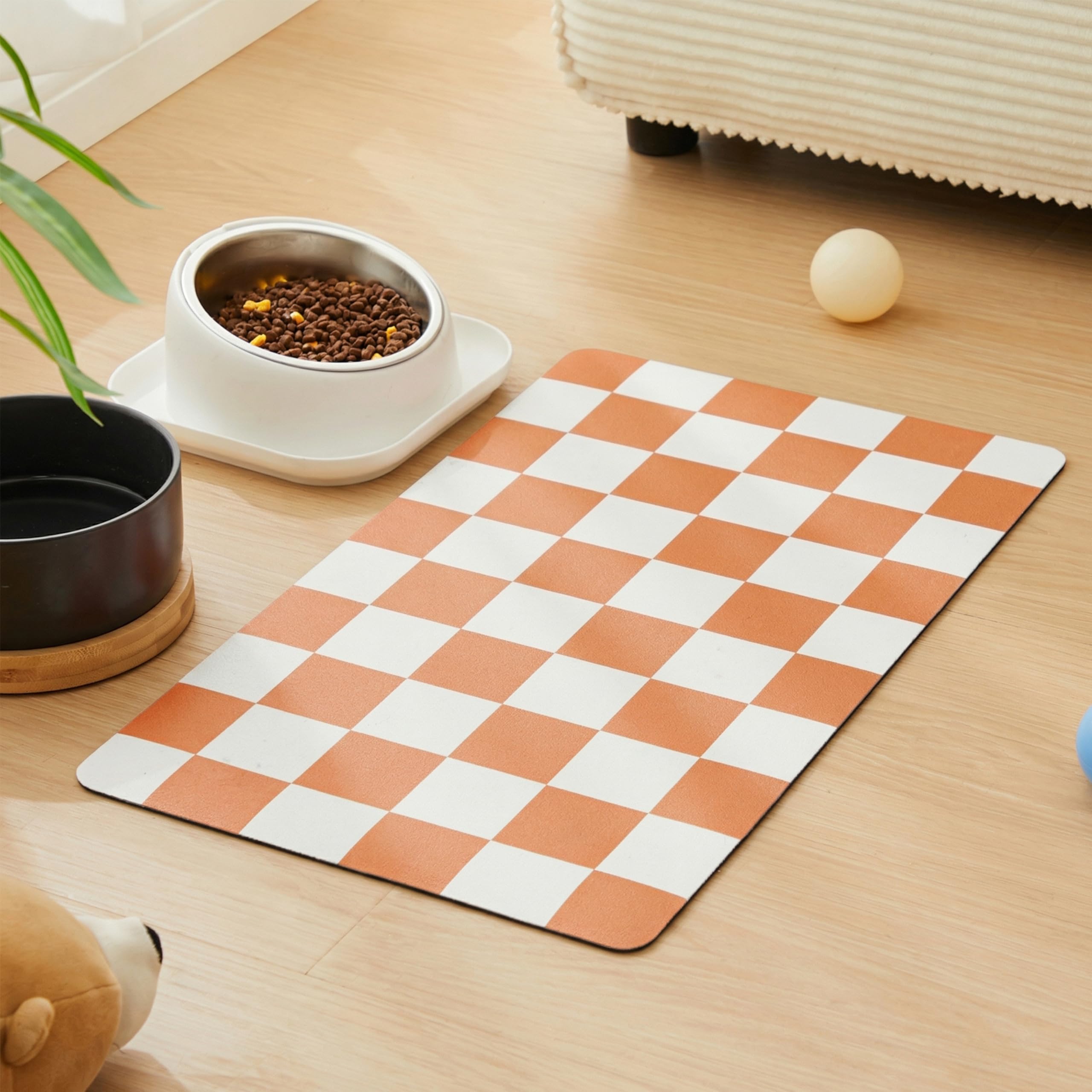 Ralxion Checkered Dog Feeding Mat, Absorbent Mats for Dog Food and Water Bowl, Dispenser, Aesthetic Orange Checkerboard Pet Placemat for Dogs, Cats,