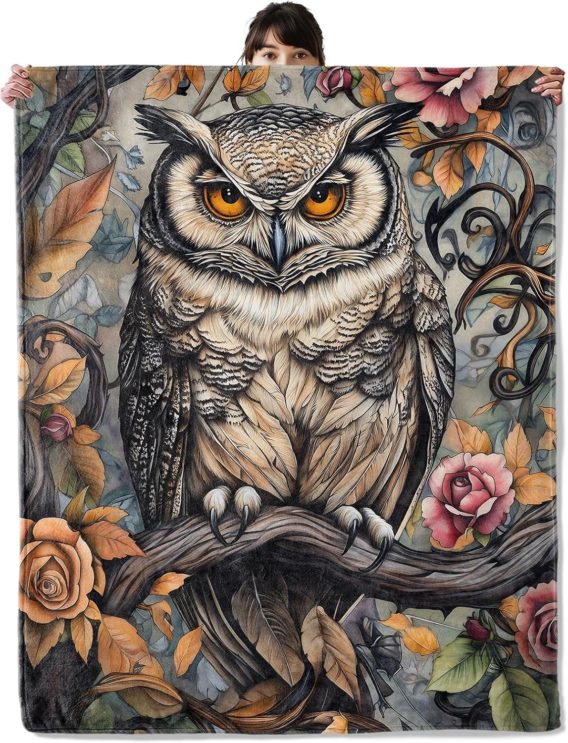 Vintage Owl Blanket, Cozy Flannel Regal Owls in Rose Garden Throw Blanket, Soft Fuzzy Blankets for Travel Home Decor, All Season Lightweight Couch Bed Cover, Gifts for Women Adults Kids 60"×80"