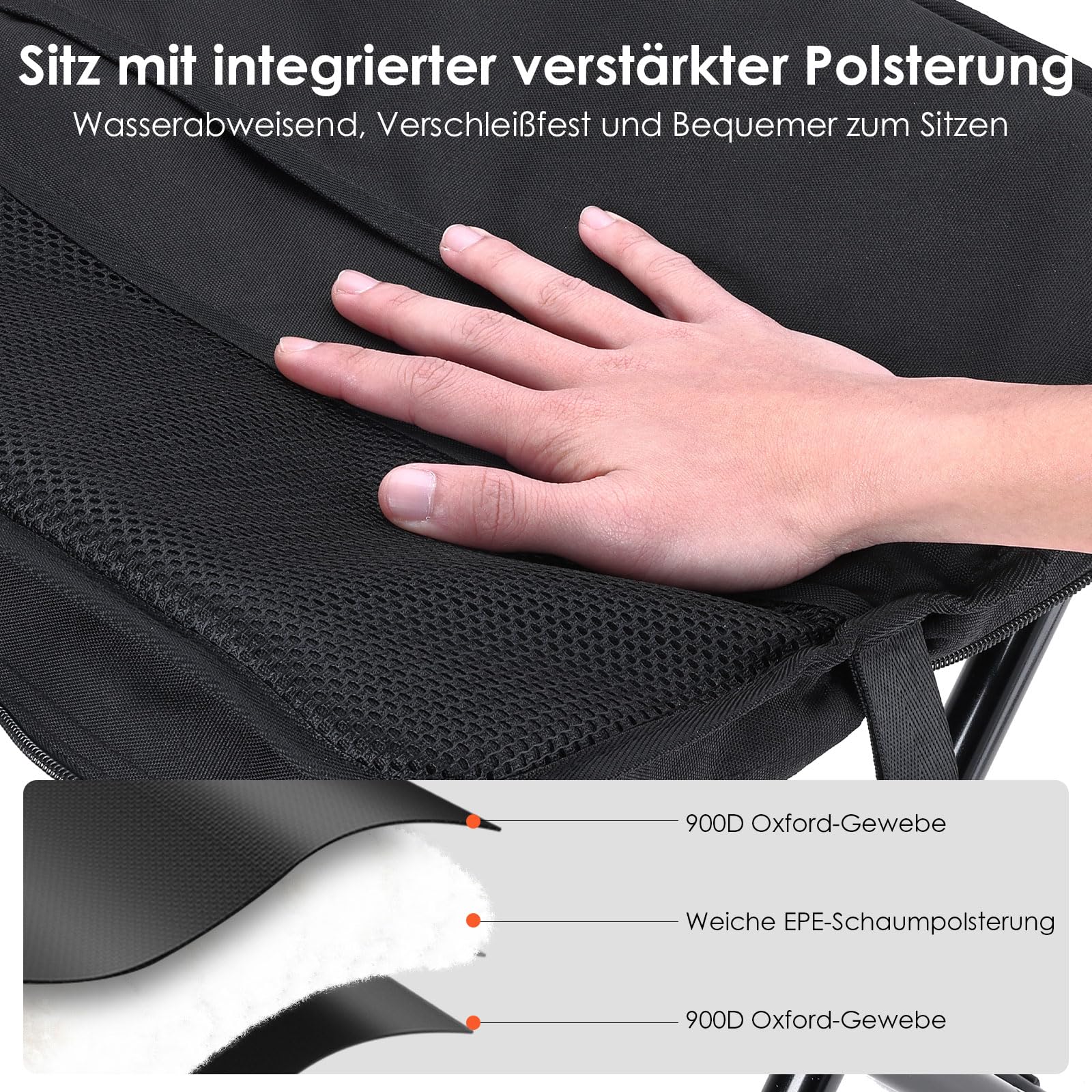 MOONCY Klapphocker Faltbar aus Aluminium, 40 × 37,5 × 39 cm, Extra Großer Falthocker bis 135 kg Belastbar, Leichter Campinghocker für Wandern, Angeln und Outdoor, Schwarz