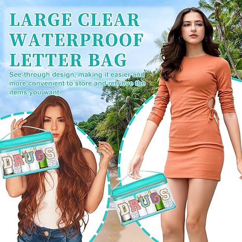 Miniatura 6 de Iqimott Bolsa de parche de felpilla con letras MEDS transparente, bolsa de maquillaje portátil de preparación para mujeres y niñas, viajes, bolsa de