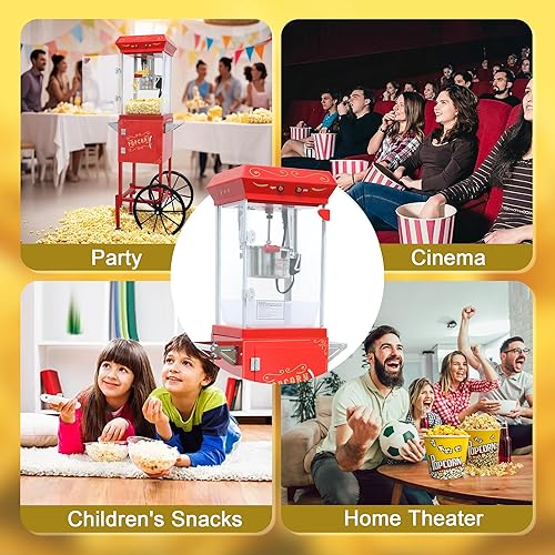 Miniatura 6 de Máquina de palomitas de maíz con carrito y ruedas, máquina de palomitas de maíz con hervidor de acero inoxidable de 8 onzas, máquina para hacer