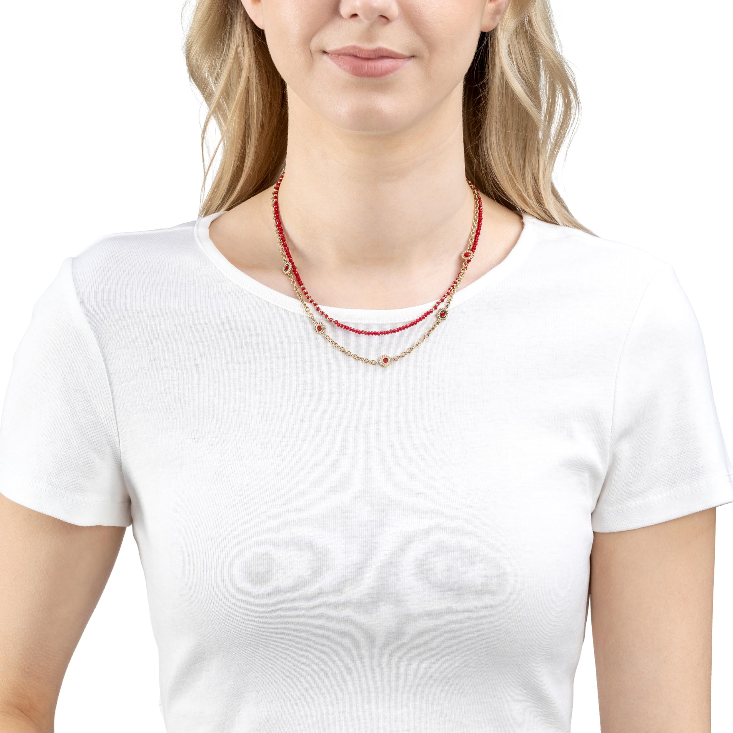 JEWELS BY LEONARDO Halskette Florena • doppelreihige Kette aus goldfarbenem Edelstahl • aufgereihte rote Glassteine und eingesetzte Blüten-Elemente • 42-47 cm Länge • Damen Schmuck • 023545