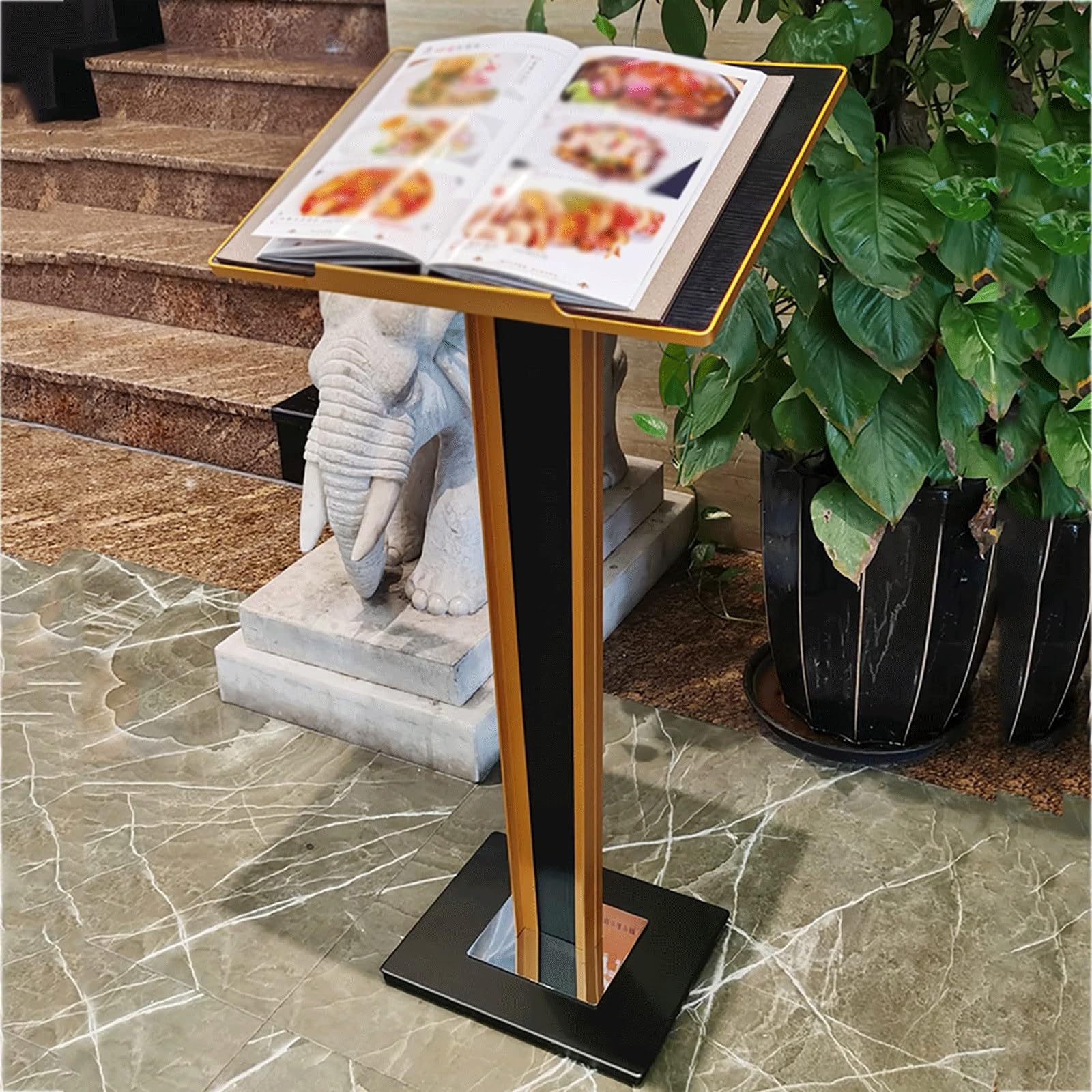 Support de Podium en métal, pupitre Moderne sur Pied, pupitre de présentation Ergonomique avec Plateau incliné et Base Stable(Dark Brown)