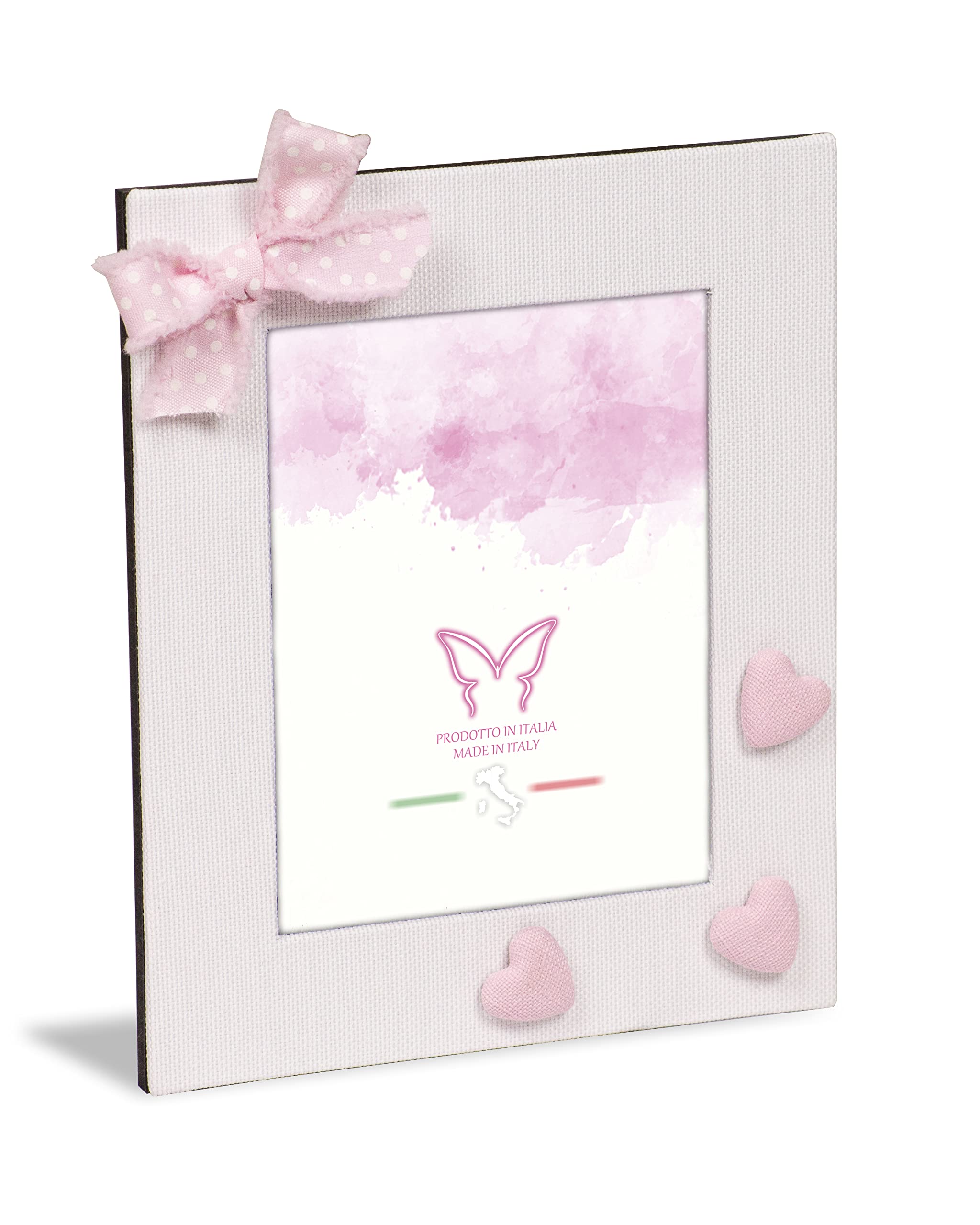 Photo frame table photo frame cm 20x23.5 in white fabric with decorations applied bow and hearts, back wooden frame, photo size cm 13x18.