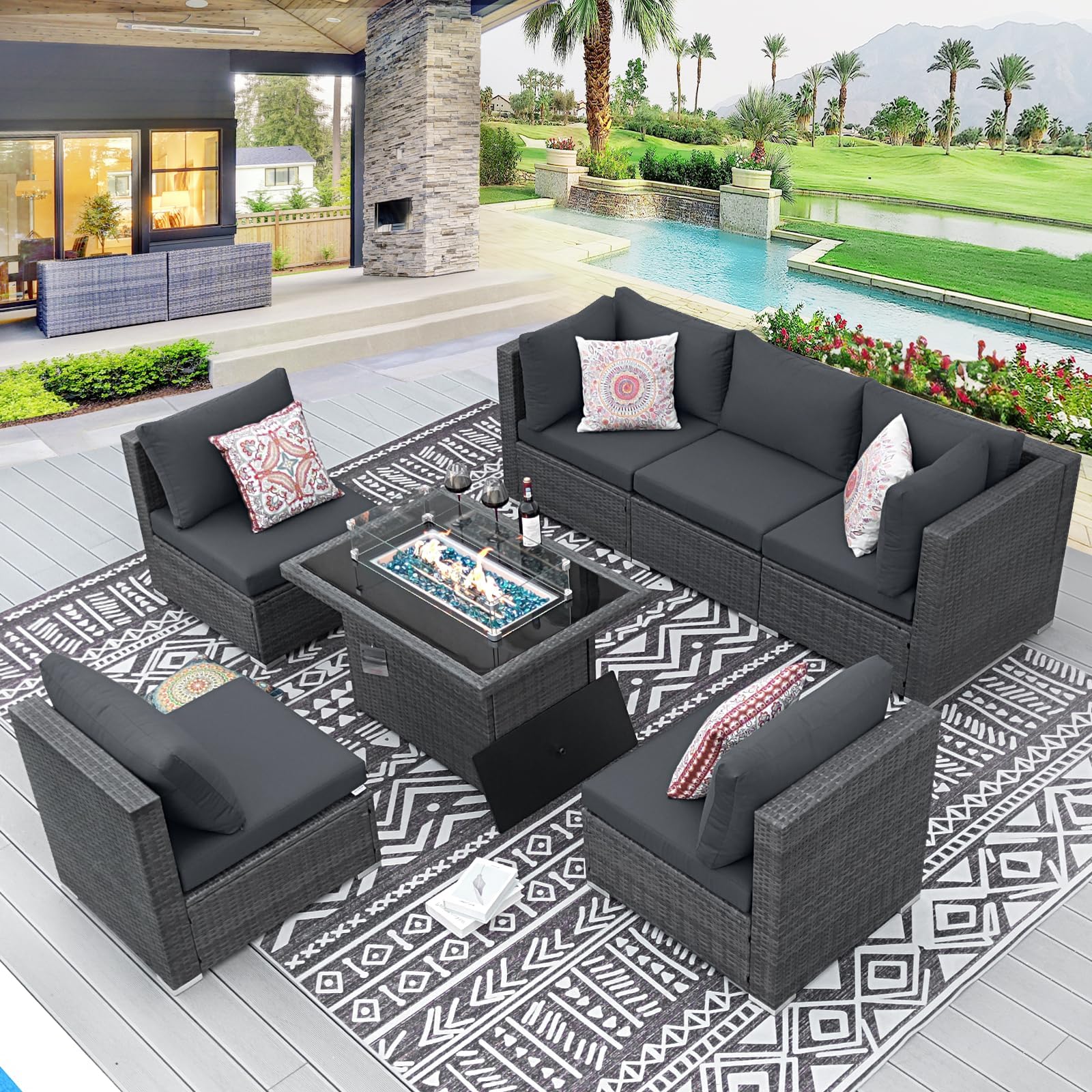 BULEXYARD Grey PE Wicker Patio Furniture Sectional Conversation Sofa Set with 43" Propane/Natural Gas Fire Pit Table, Large Size High Back Outdoor Furniture Set with Fireplace(7Pcs-A, Dark Grey)