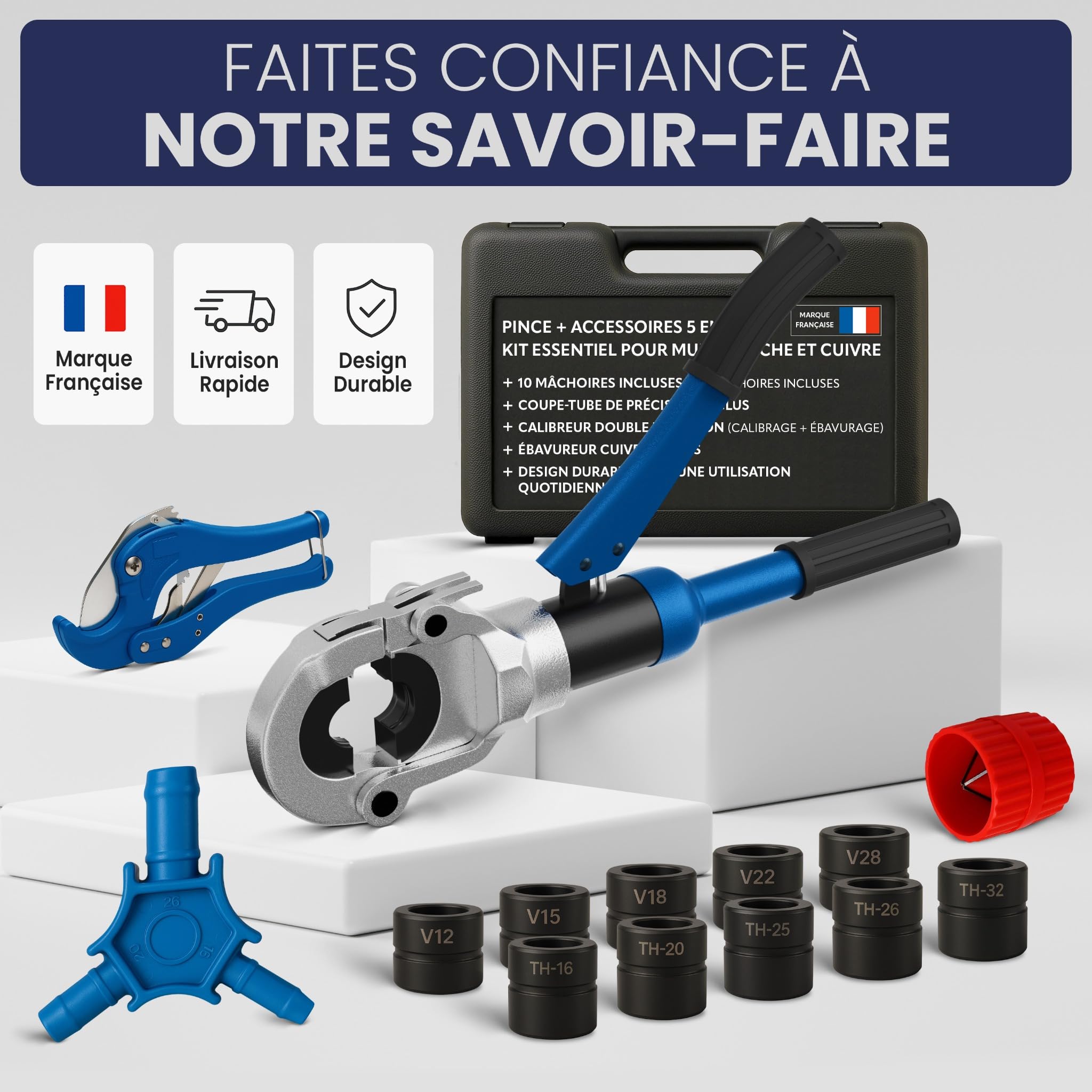 Pince à sertir multicouche & cuivre 10 mâchoires TH+V – Kit complet avec coupe-tube multicouche, calibreur, ébavureur cuivre – Compatible PER– NEEZRA