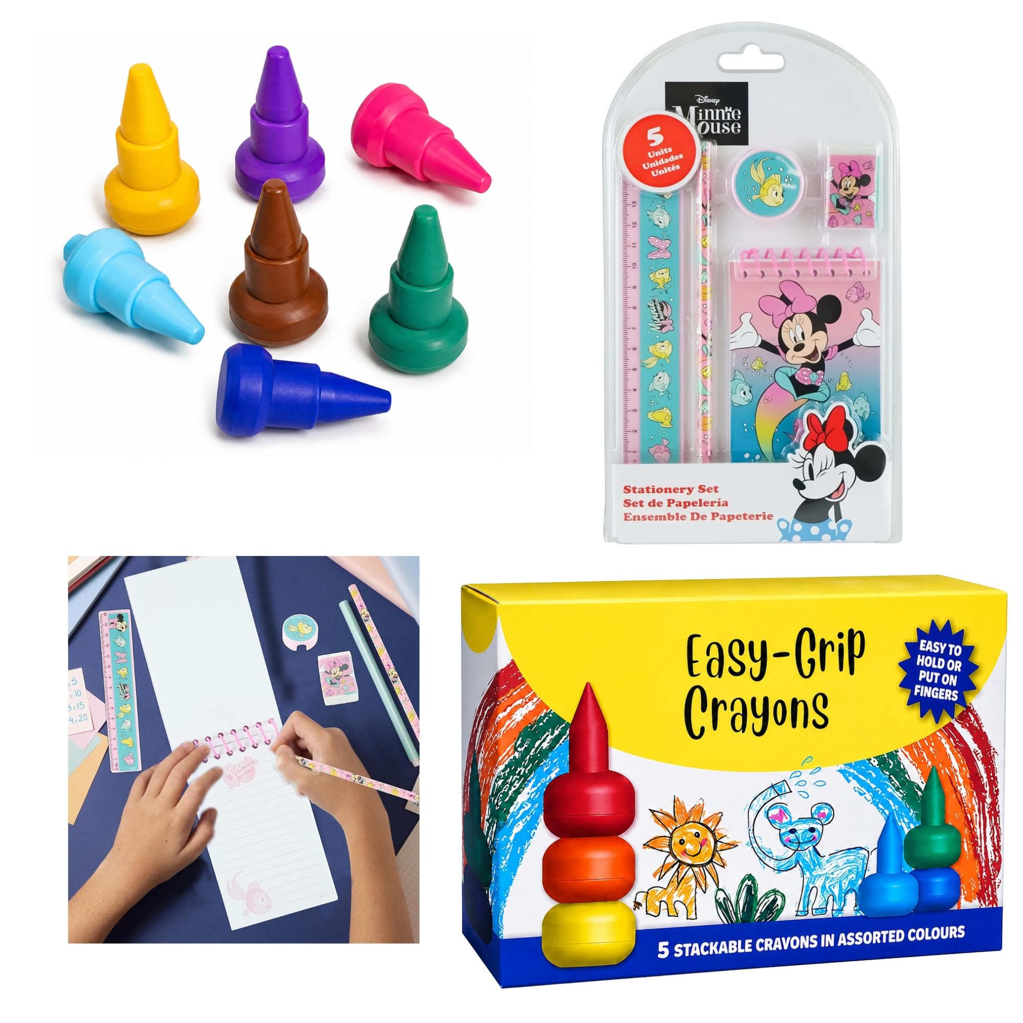 SRV Hub 5Pcs Minnie Mouse Stationery & 7 Jumbo Finger Crayons – Girls School Supplies Kit with Notebook, Pencil, Eraser, Ruler & Sharpener – Disney Toddler Art & Writing Gift Set Ages 3+