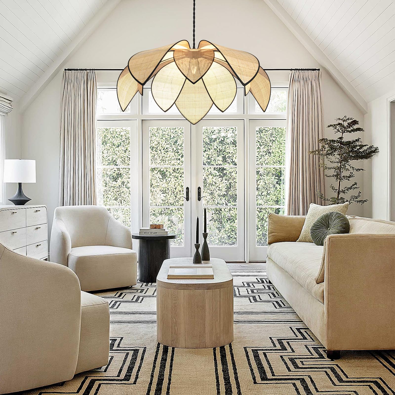 Pendtlit Boho Chandelier, Plug in Pendant Light Rattan Hanging Lamp Wicker Chandelier with On/Off Switch, Hemp Rope Cord Handwoven Plugin Hanging Light Fixture for Living Room Kitchen Bedroom