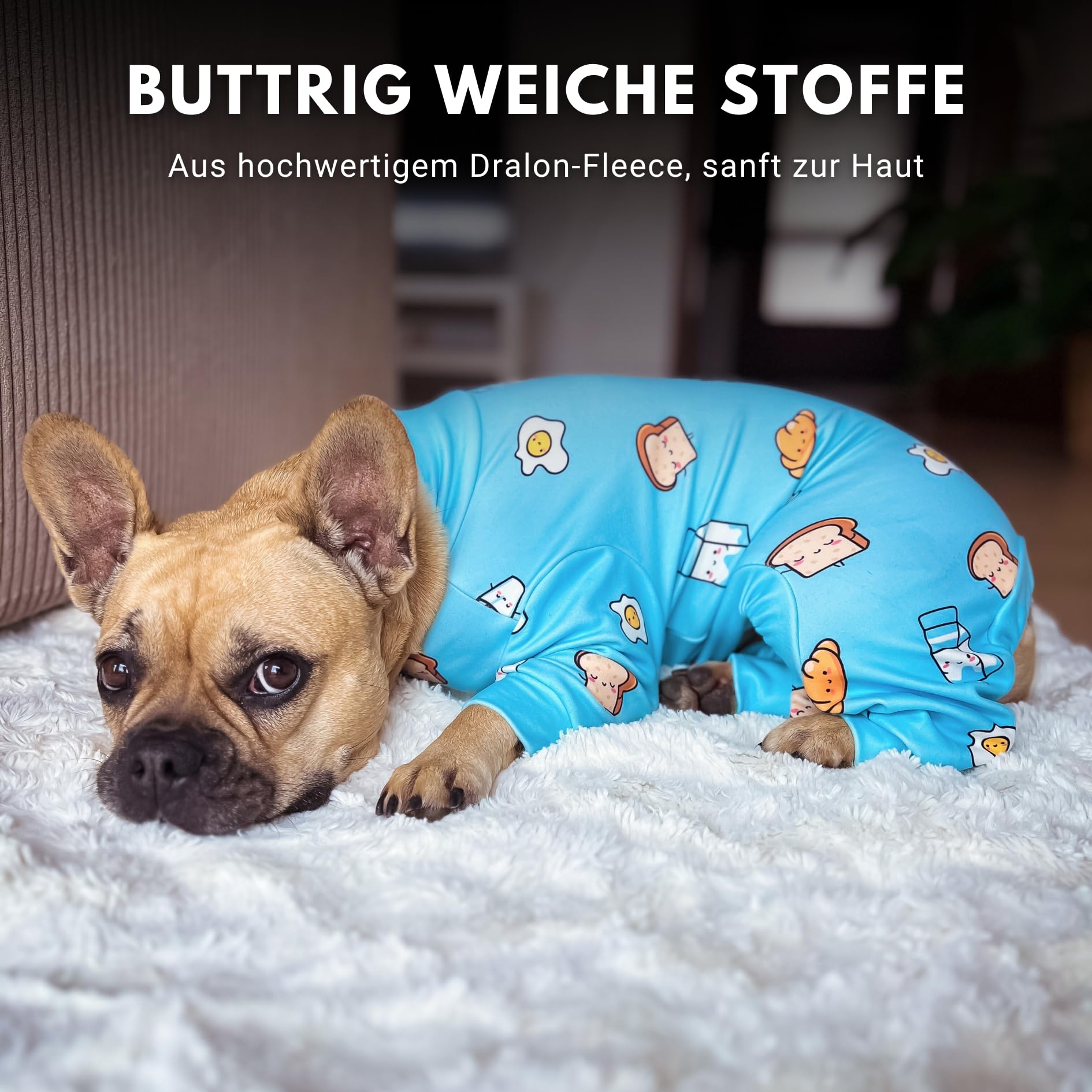 Spark Paws Hundepyjama, ultraweich und 4-Wege-Stretch, Erholungsanzug nach Operation, Schlafanzug Onesie für Kleine, Mittlere und Große Hunde - Breakfast Blue - L