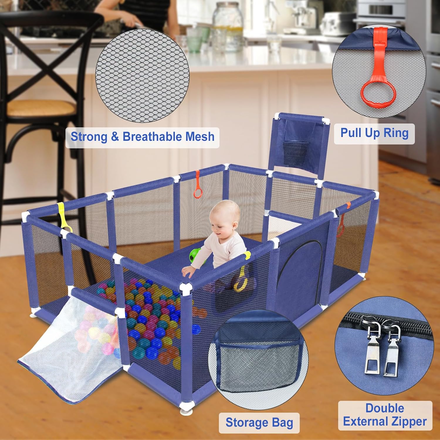 large playpen for babies and toddlers, 74''×50'' kids ball pit, sturdy play yard with basketball hoop & soccer nets, children's fence play area with breathable mesh, indoor outdoor infant safety gate dark blue