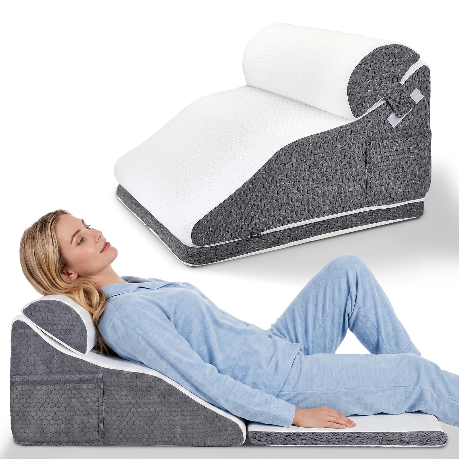 Cuscino a cuneo a forma di curva, ergonomico ortopedico per letto e divano, cuscino a cuneo regolabile, in schiuma ad alta densità, cuscino da lettura per sollevare le gambe, perfetto cuscino per la
