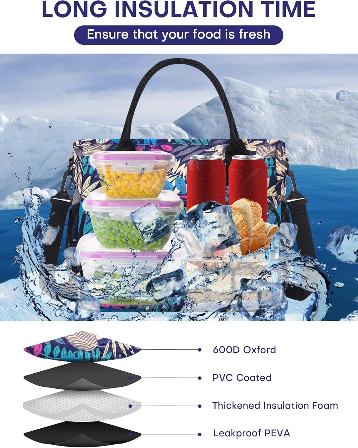 Insulated Lunch Bags, Large Capacity Leakproof Cooler Bag, Women Lunch Tote Bag with Shoulder Strap, Adult Lunch Box for Work Picnic Beach