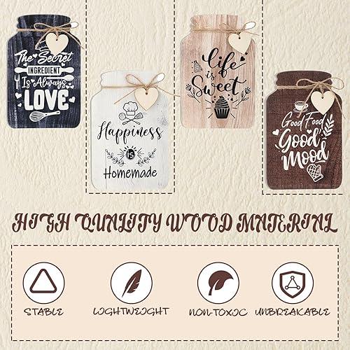 Miniatura 3 de Weysat Juego de 4 tarros de madera para decoración de pared de cocina, de 5 x 8 pulgadas, decoración rústica y inspiradora para cocina, decoración