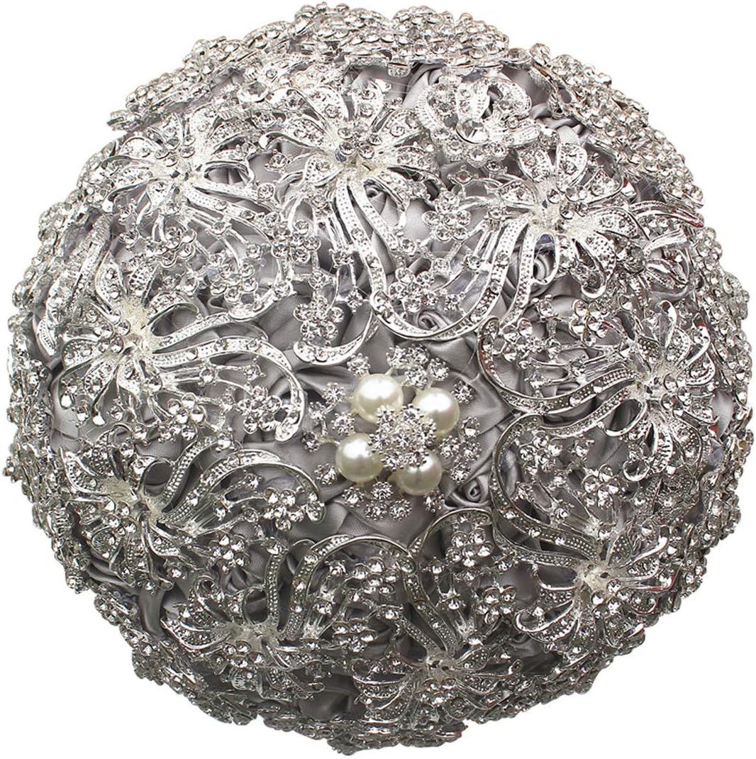Silver Wedding Bouquet - Luxury Bride Holding Rose Flowers with Rhinestone Brooch Crystal Handle