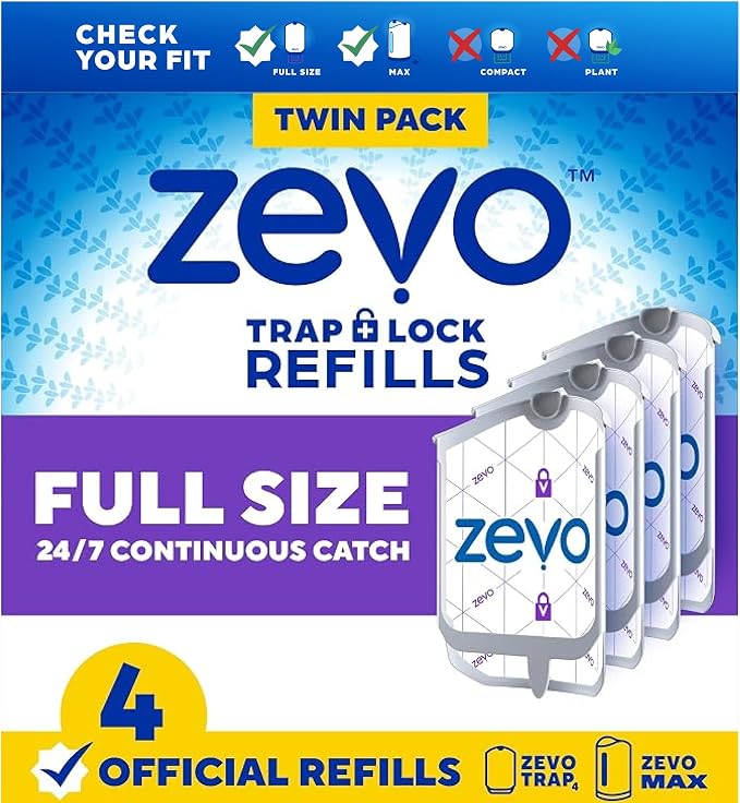 Zevo Flying Insect Trap Refill Cartridges for Fruit Flies & Gnats, 4 Count | Fits Zevo MAX & Zevo Flying Insect Trap, Catches House Flies, Gnats & Fruit Flies 24/7, No Added Fragrance or Dyes