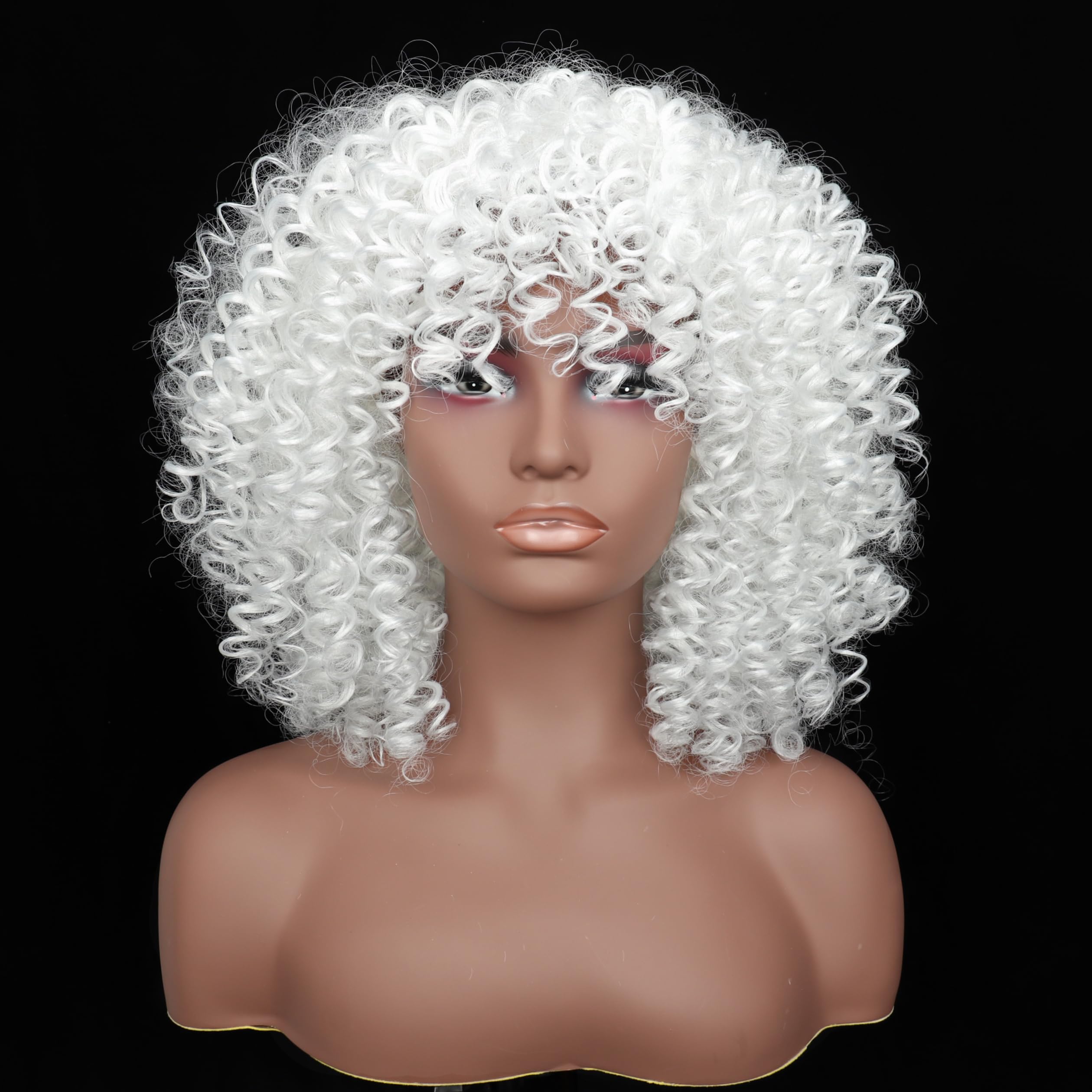 Colorfulpanda Pelucas cortas rizadas afro blancas con flequillo, peluca afro voluminosa, peluca de pelo rizado natural sintético para mujeres negras, ideal para cosplay, Halloween, fiesta y uso diario