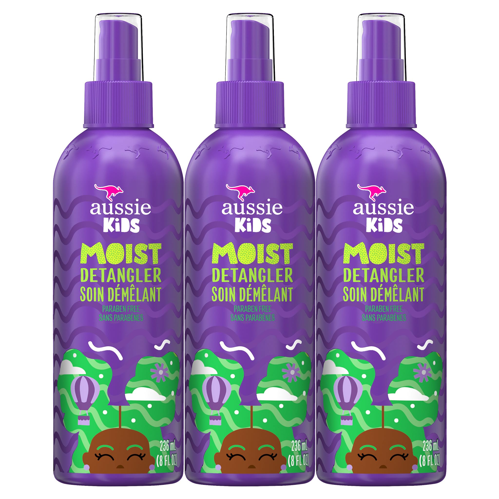 AussieKids Moist Detangler Spray, Sulfate & Paraben Free, Moisturizing & Tangle-Free Hair Care for Kids, Cruelty-Free, 8 Fl Oz Each, 3 Pack