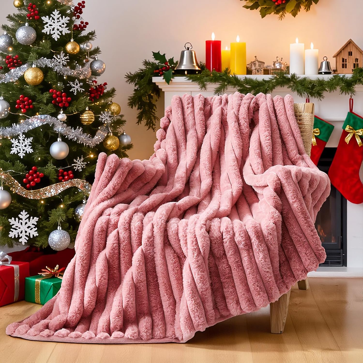 Lotus Karen Faux Fur Twin Blanket for Couch, Cozy Soft Fluffy Fuzzy Pink Blanket, Striped Warm Thick Furry Plush Shaggy Small Blankets for Women, 60x80 Inches - Image 2