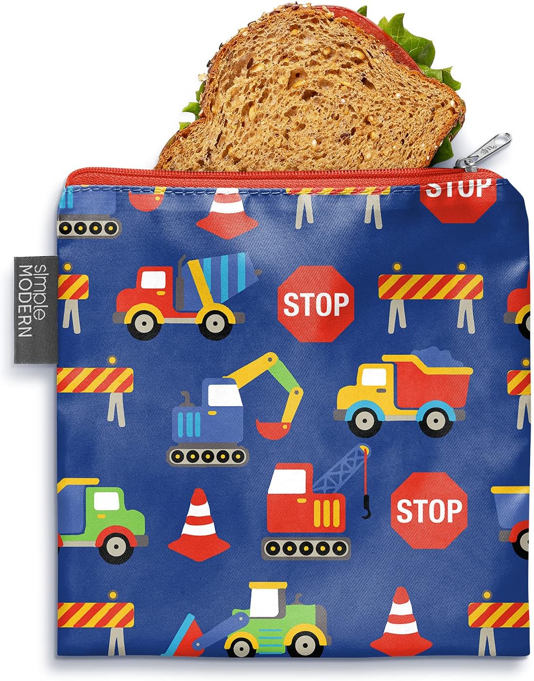 Simple Modern Reusable sandwich Bag for Kids, Boys | Food Safe, BPA Free, Phthalate Free, Polyester Zip Pouches | Washable & Refillable Snack Bags | Ellie Collection | 1 pack | Under Construction