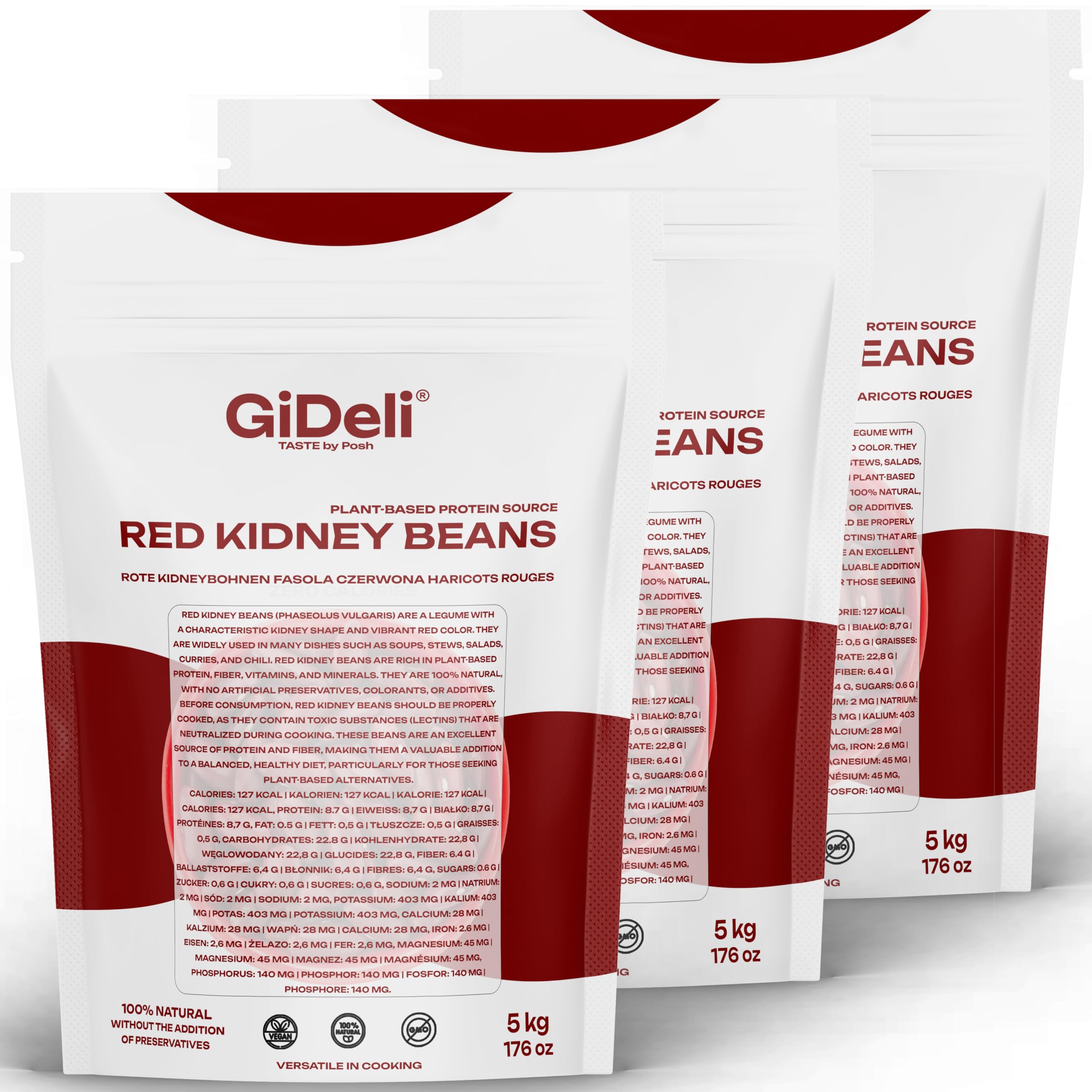 GiDeli Kidneybohnen getrocknet 3 x 5kg - Rote Bohnen - Veganes Protein, hoher Ballaststoffgehalt - ohne Salz, ohne Zuckerzusatz - für Chili con Carne, Bowls, Tacos