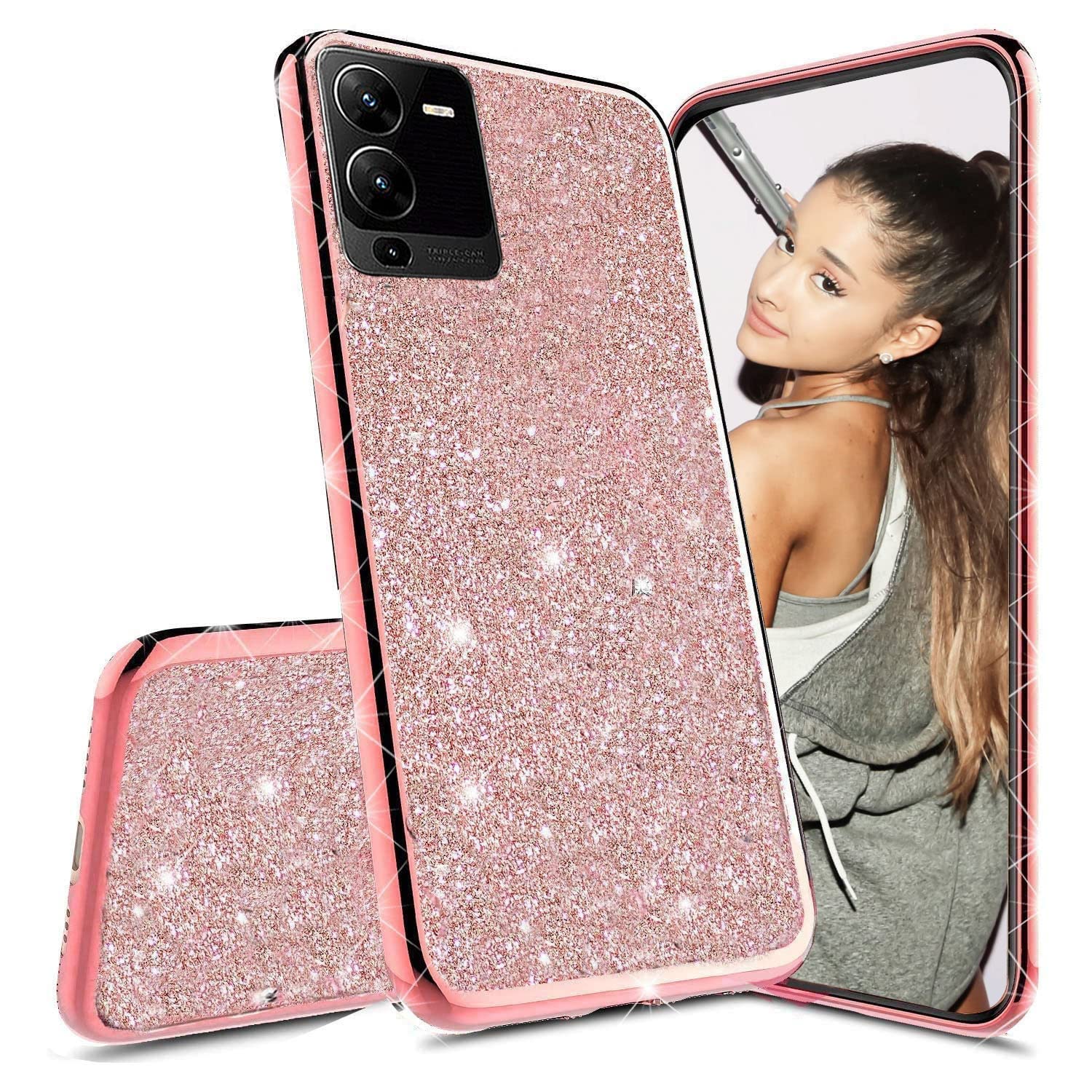 KC Back Cover for Vivo V25 Pro 5G, Crystals Side Glitter Paper Bling Side 2 in 1 Soft Silicone Transparent Case (Rose Gold Pink)