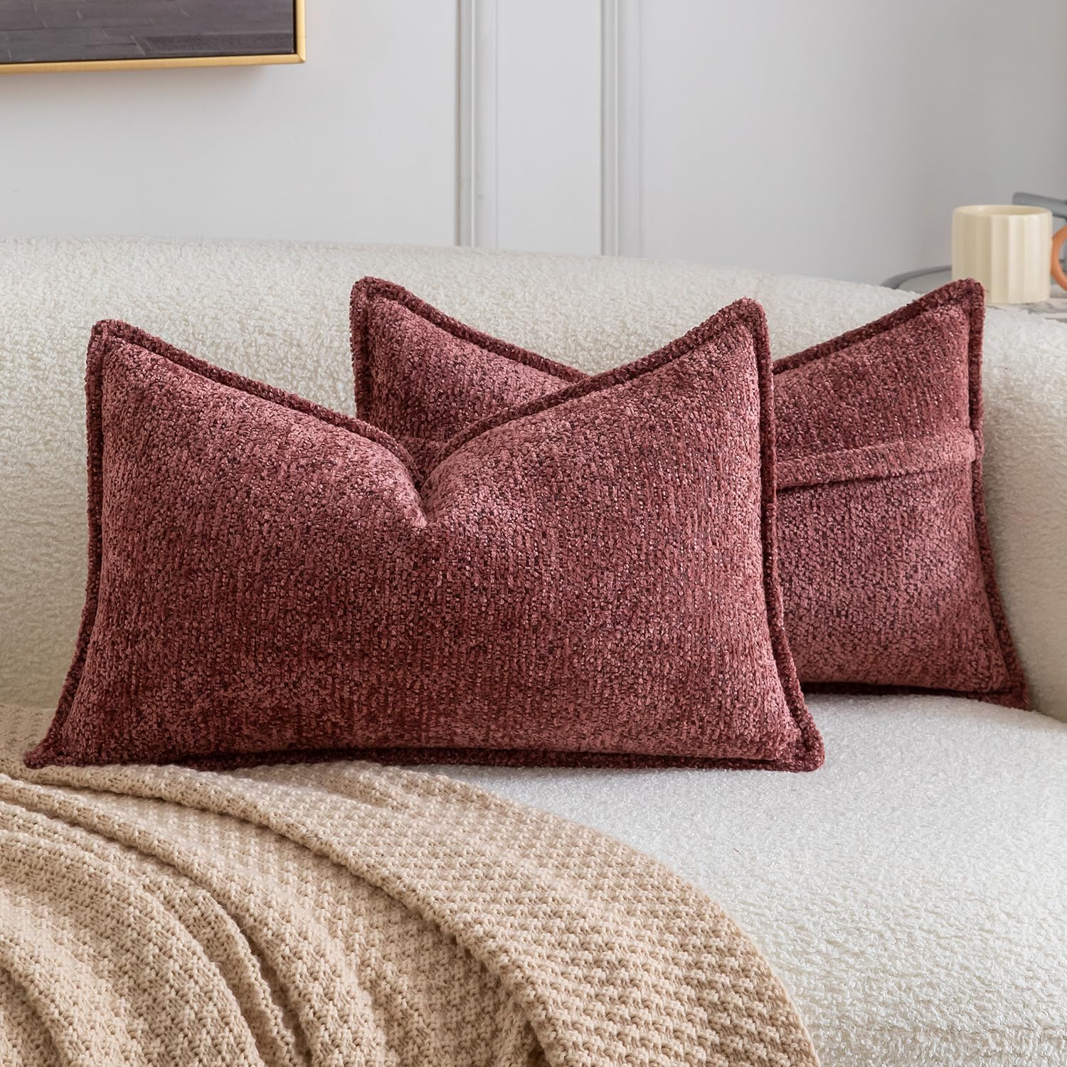 Madizz Pack of 2 Decorative Cushion Covers Boho Soft Textured Chenille Throw Pillows Solid Pillow Covers for Couch Sofa Bedroom Living Room 30x50 CM, Burgundy