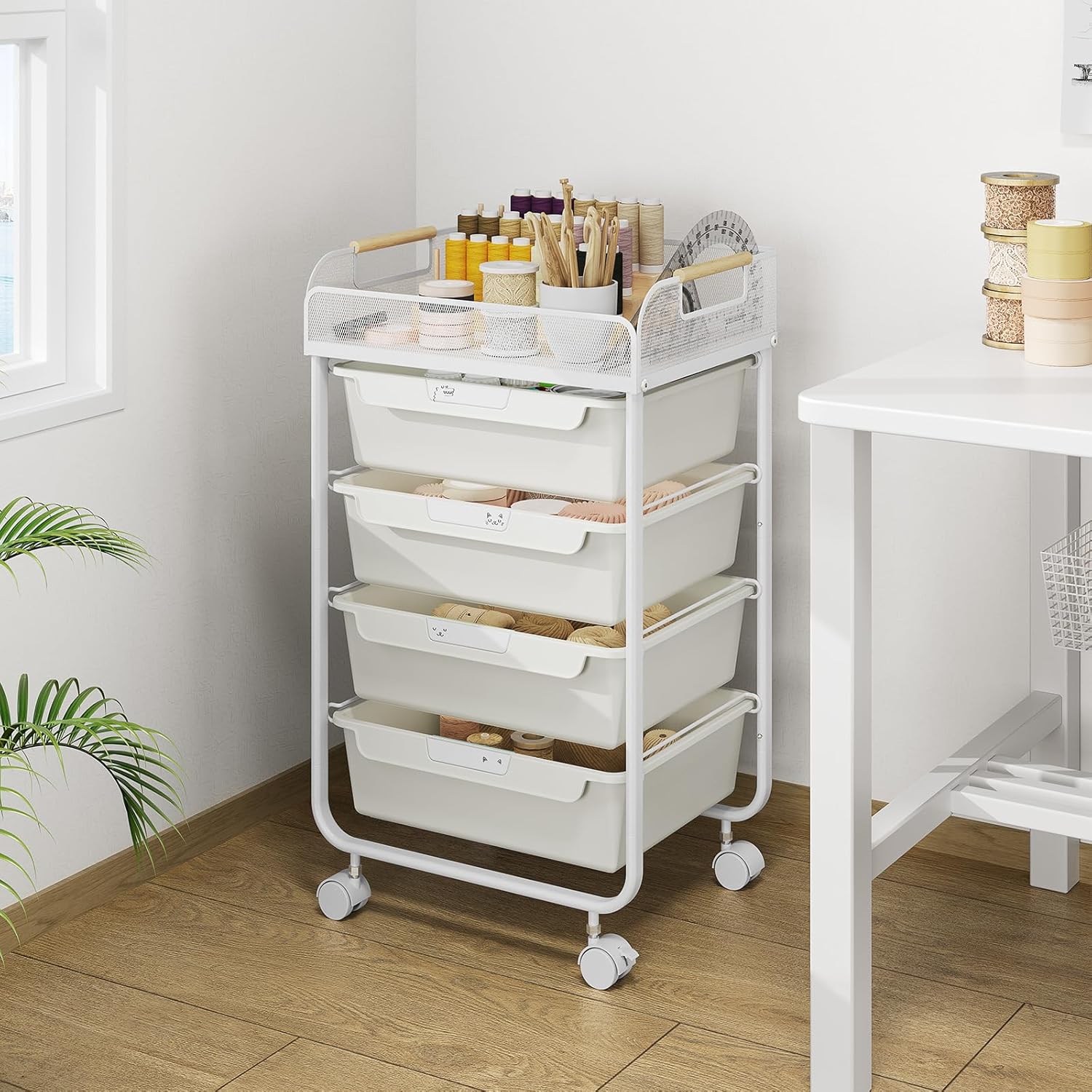 SYKIARIOL Rolling Utility Storage Cart with 4 Drawers - 4 Tiers Rolling Cart Craft Cart, Storage Drawer Cart Organizer for Craft Room Office Bedroom Classroom with Mesh Top & 4 PCS DIY Lable, White