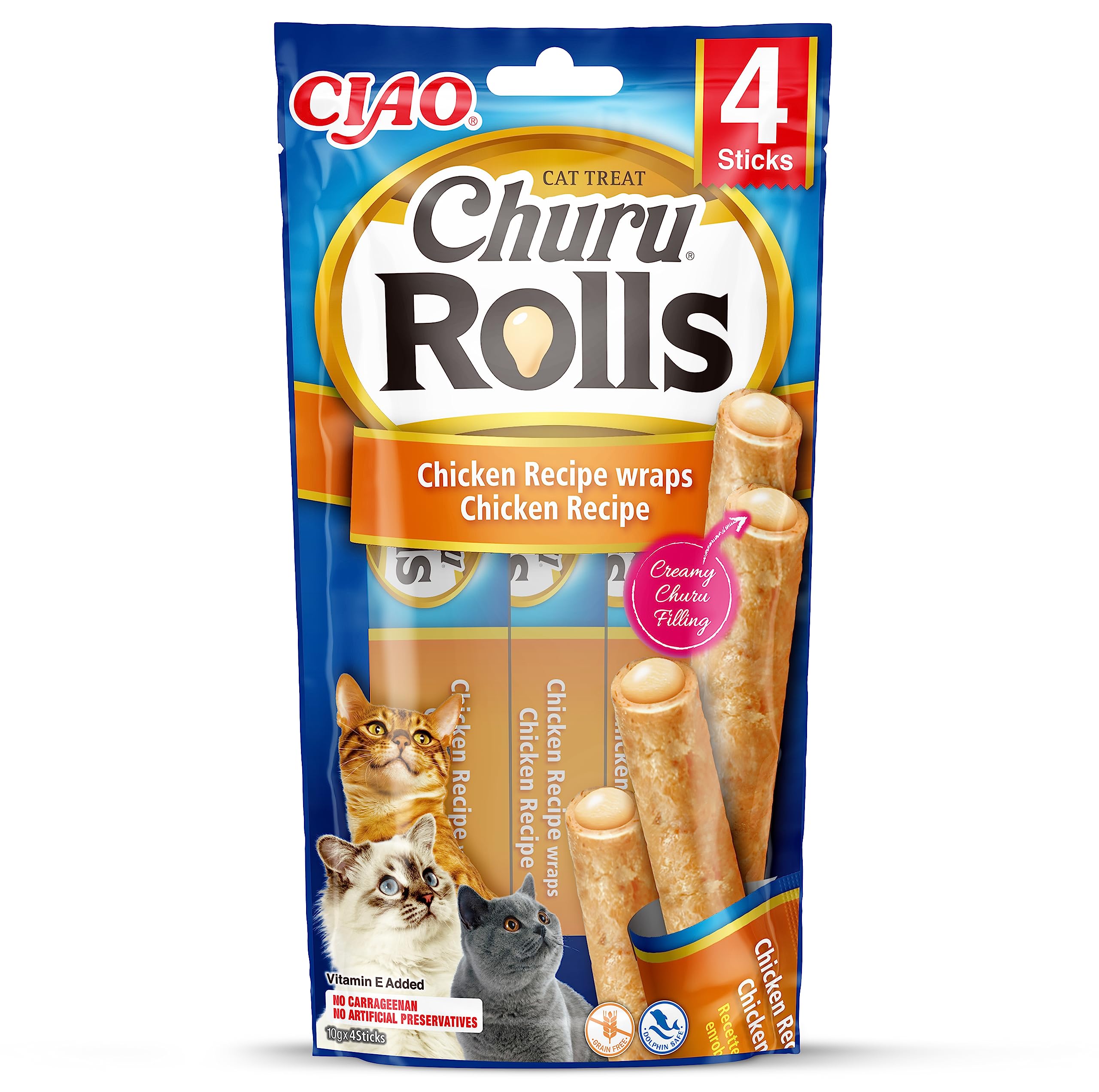 INABA Churu Rolls - Golosinas para Gatos para Dar de Comer con la Mano - Deliciosos Snacks para Gatos con Relleno cremoso - Cubiertos de Pollo