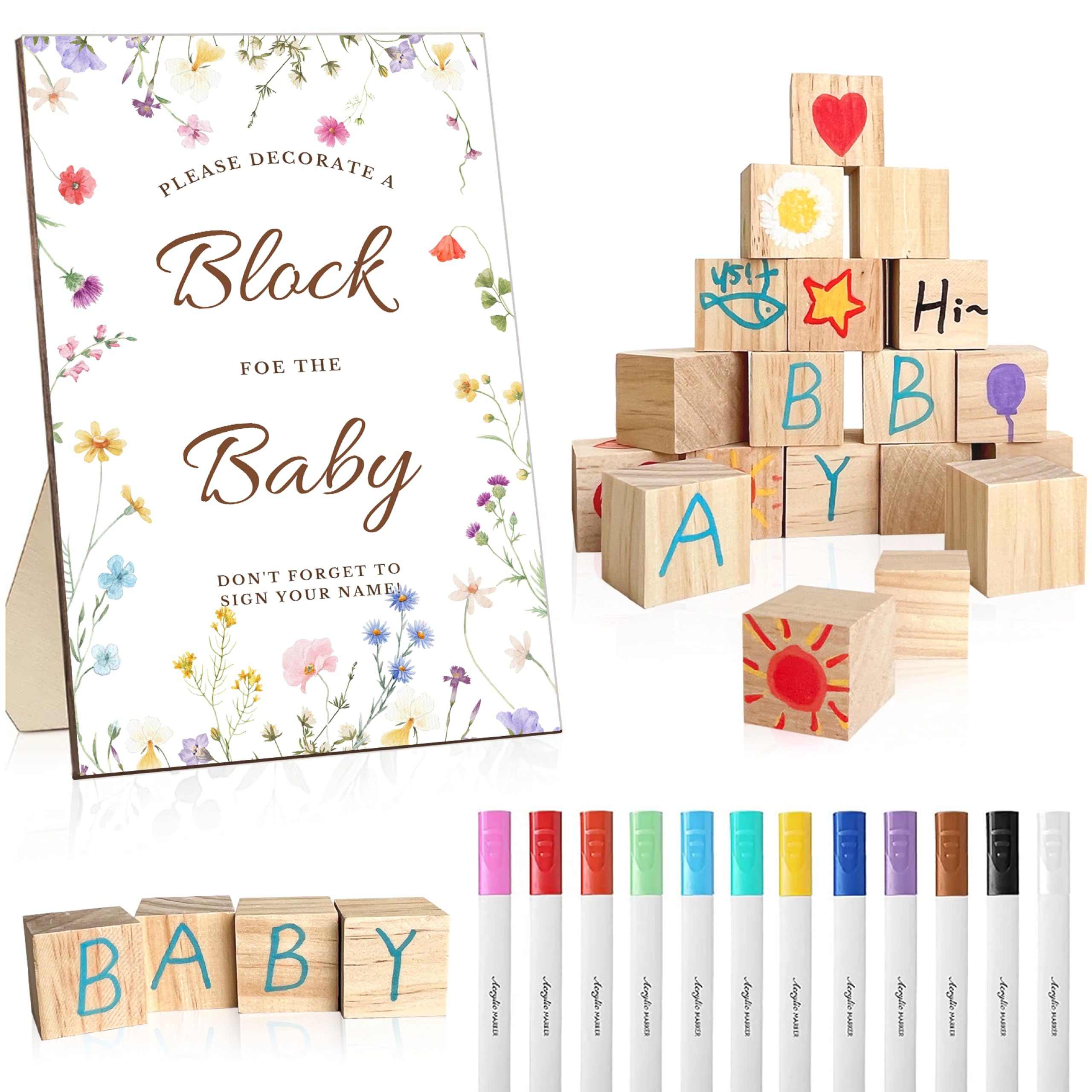 Golibra 43PCS Baby Shower Games: Unique Baby Shower Block Decorate - 1 Wooden Wildflower Sign & 30 DIY Wooden Blank Blocks & 12 Color Marker - Ideal for Gender Reveal Baby Shower Party Decor Activity
