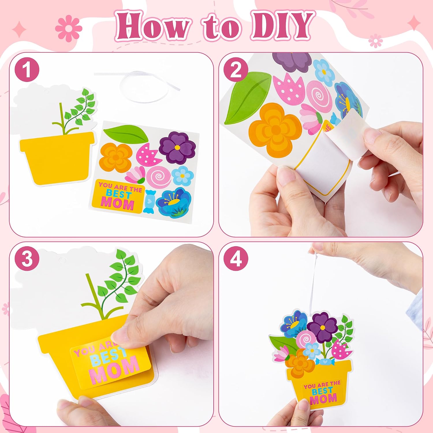 ANGOLIO Mother's Day Craft Kit - 40Sets Mother's Day Flowers DIY Paper Craft Kit Make Your Own Flower Pot Hanging Ornaments with Floral Stickers Thankful Gift for Mom Ladies Classroom DIY Art Activity