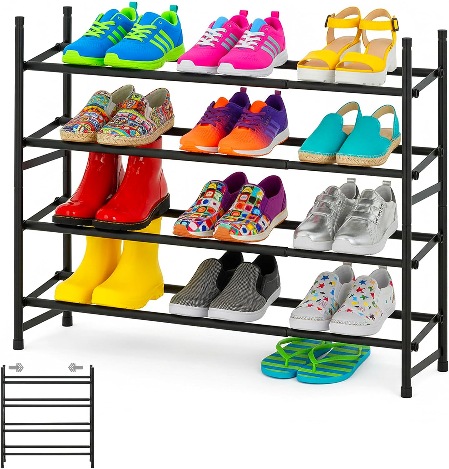 Displays By Jack 4-Tier Stackable Shoe Rack, Set of 2 Extendable Metal Organizers – Adjustable 24.4–45.5 in Width for Entryway, Closet, Bedroom