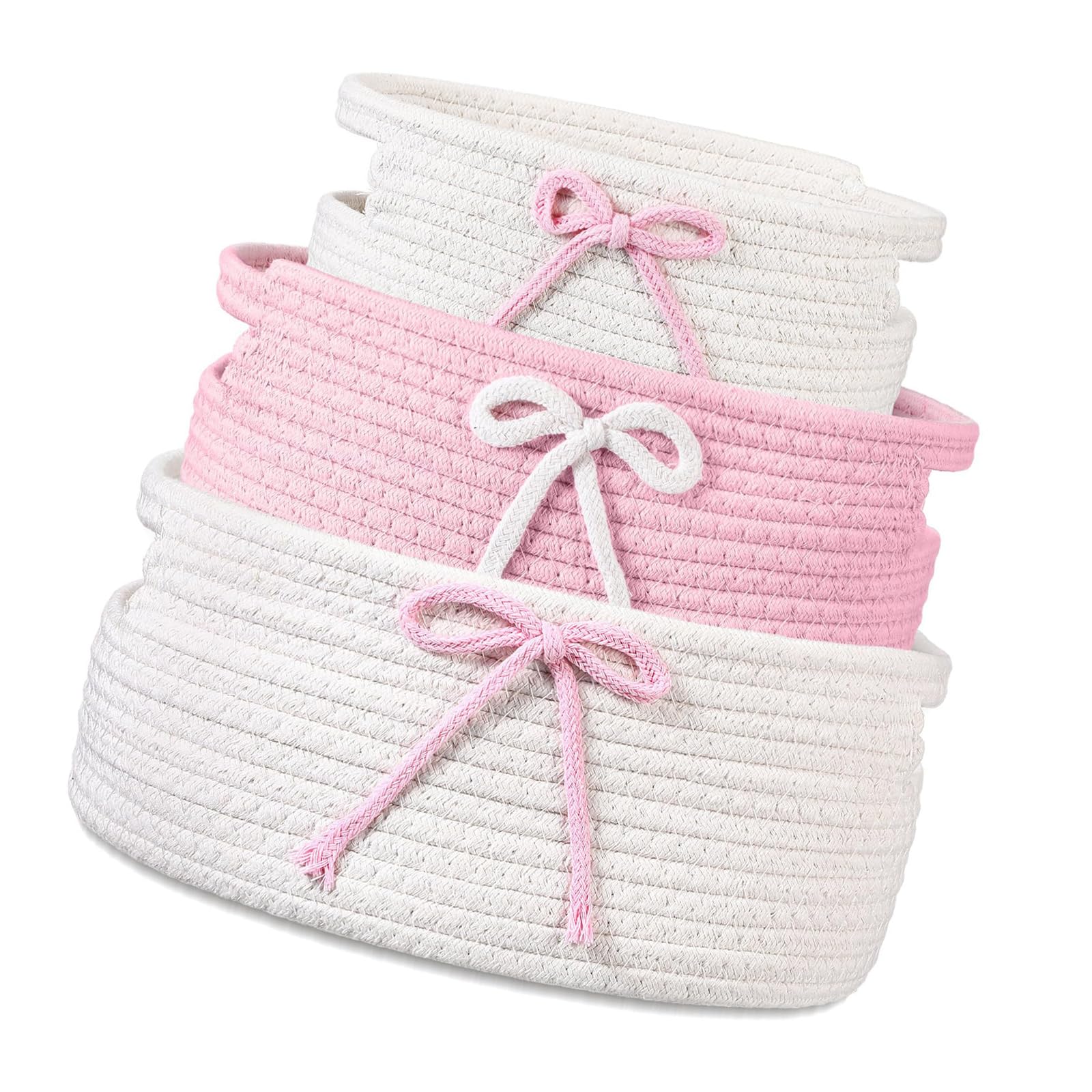 Jazuaiao Of 3 Cotton Bowknot Trimmed Storage Container with Handle Stackable Organizers Box for Household Items Decorative Storage Bin