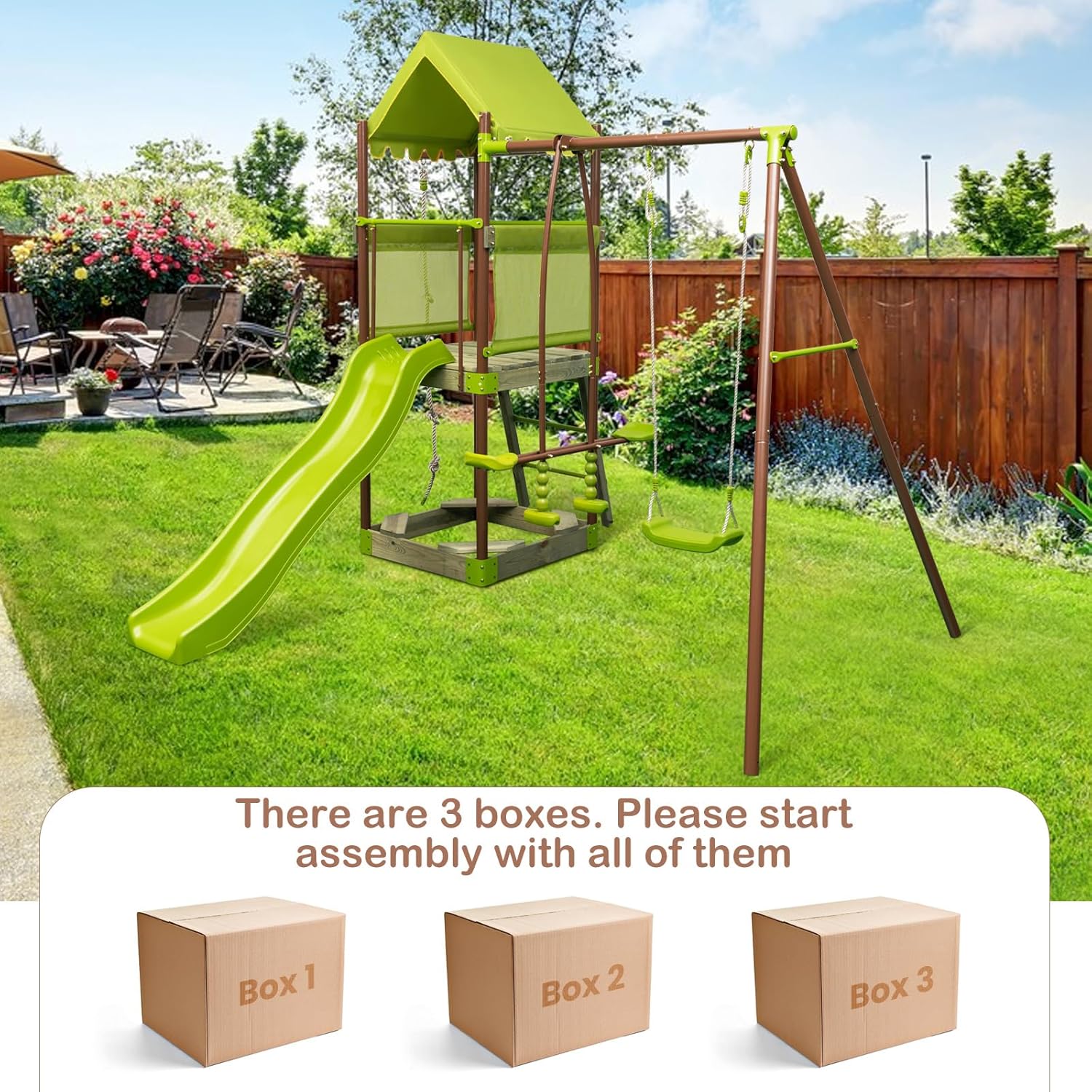 Costzon 450lbs Swing Sets for Backyard, 7-in-1 Heavy Duty Metal Swing Set with Slide, Upper Deck with Canopy, Sandbox, Climbing Rope, Glider and Swing, Outdoor Playset for Playground, Gift for Kids