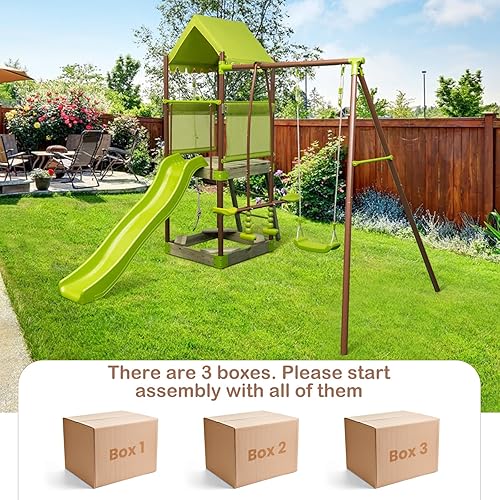 Miniatura 5 de Costzon Juego de columpios de 450 libras para patio trasero, juego de columpio de metal resistente 7 en 1 con tobogán, cubierta superior con toldo,