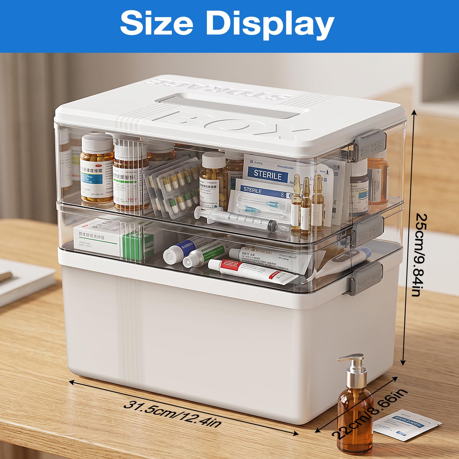 Boite Pharmacie 3 Étages, Boite de Rangement Médicament avec Poignée Portable, Trousse de Secours Familiale pour Médicaments, Bijoux, Cosmétiques, Pratique, Compact - Blanc